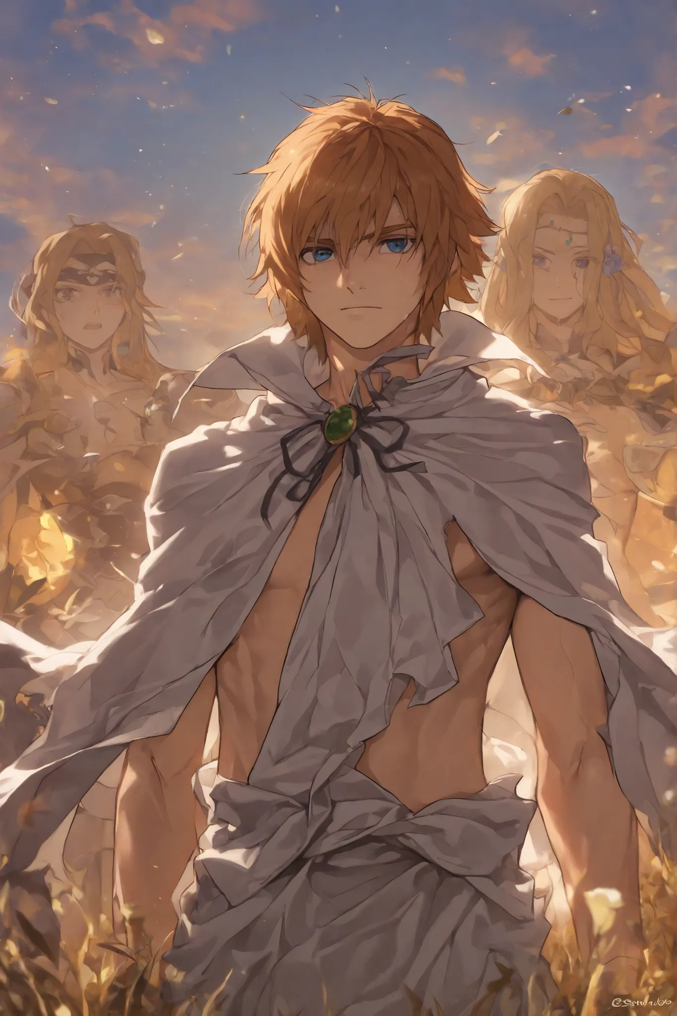 Garoto, short hair small light brown, olhos roxo, pele clara, Naked cape covering the waist , sem camisa, musculoso, colar de dentes 