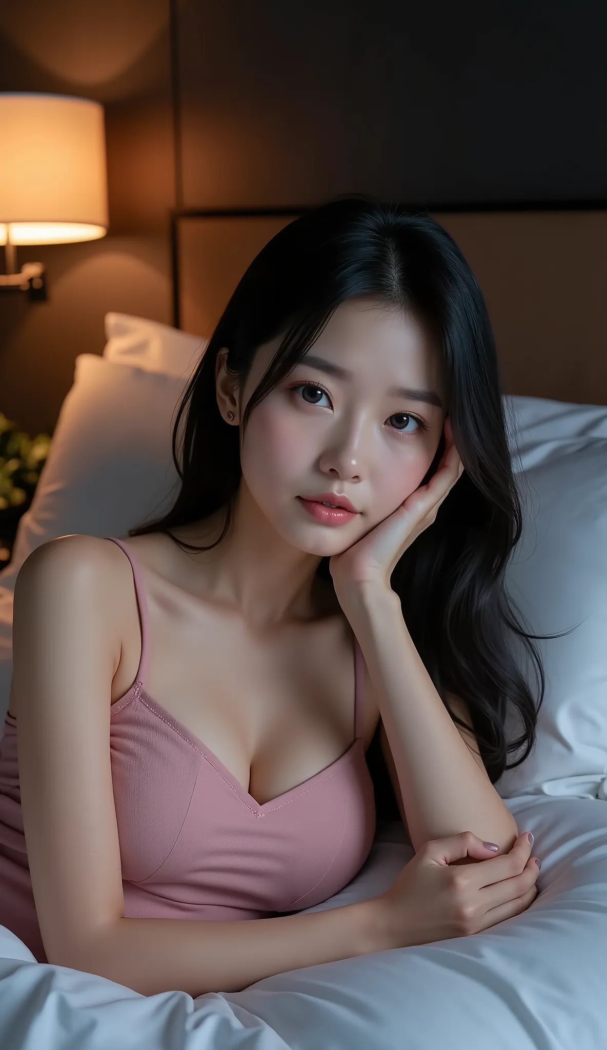 ((Zoom Up Your Face:1.ung Japanese woman lying on a hotel bed、((dating))、(Photographed from directly next to a woman:1.4)、Late Night、angle of sleeping face from the side、High-rise suite、The room has dark light bulb lights、((pink camisole dress showing thro...