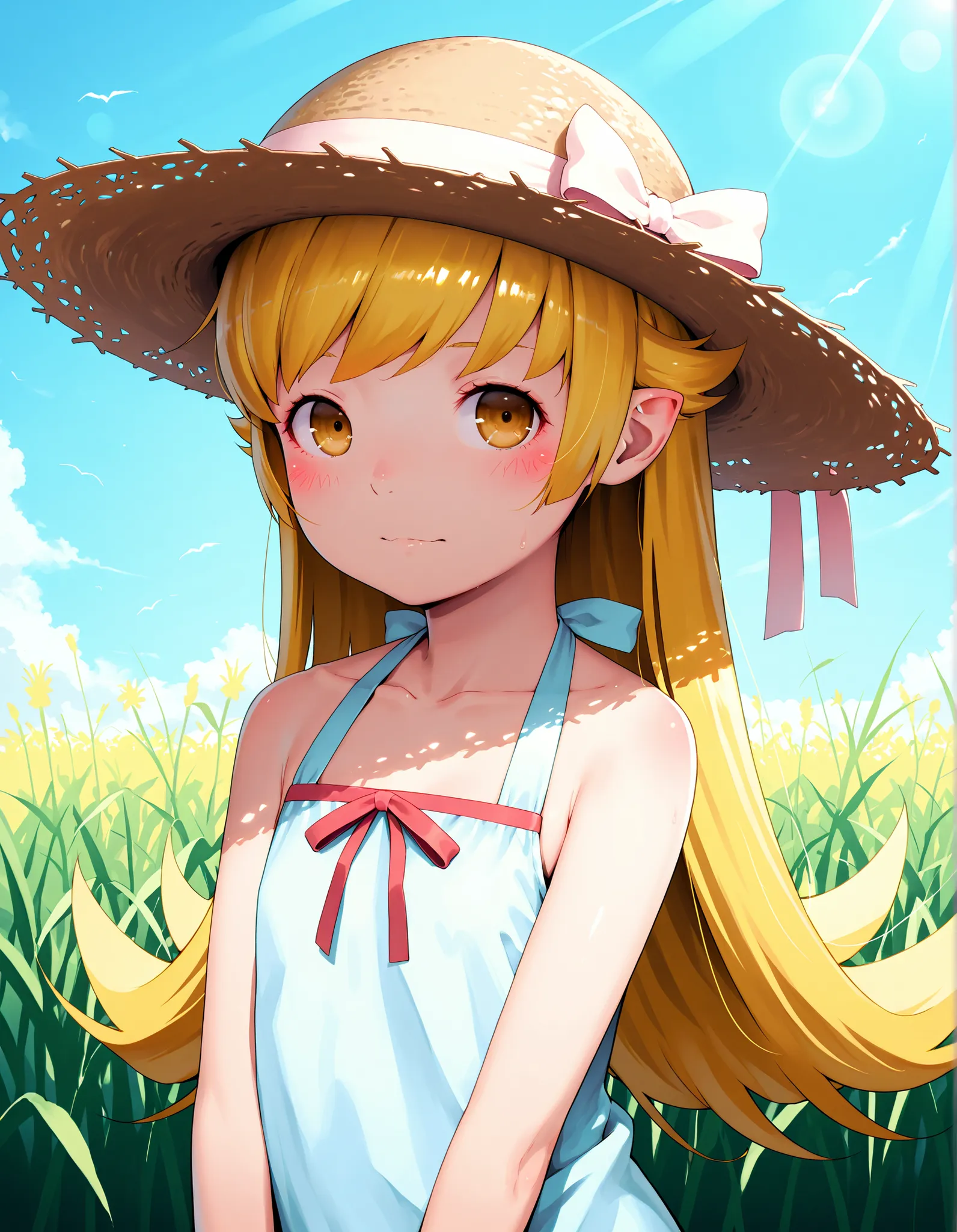 hideousbeing, solo,
hideousbeingStyle, 1girl,  bare shoulders, blonde hair, blush, bow, brown eyes, closed mouth, collarbone, dress, hat, hat bow, hat ornament, long hair, looking at viewer, monogatari (series), oshino shinobu, pointy ears, red bow, sleeve...