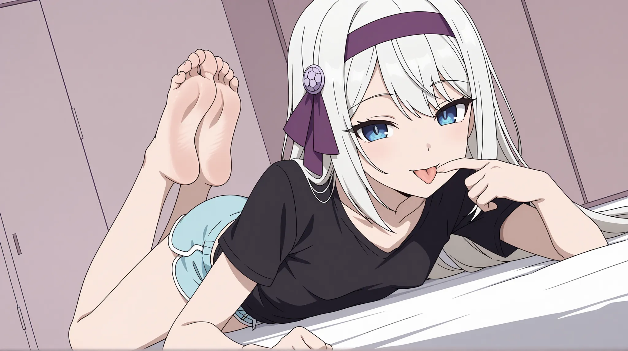 anime screencap, masterpiece, best quality, pastel colors, 

1girl, solo, closed mouth, light smile, tiny breasts, 
long hair, grey hair, blue eyes, purple hairband,
t-shirt, black shirt, short sleeves, dolphin shorts, blue shorts,
foot focus,toes,1boy,lyi...