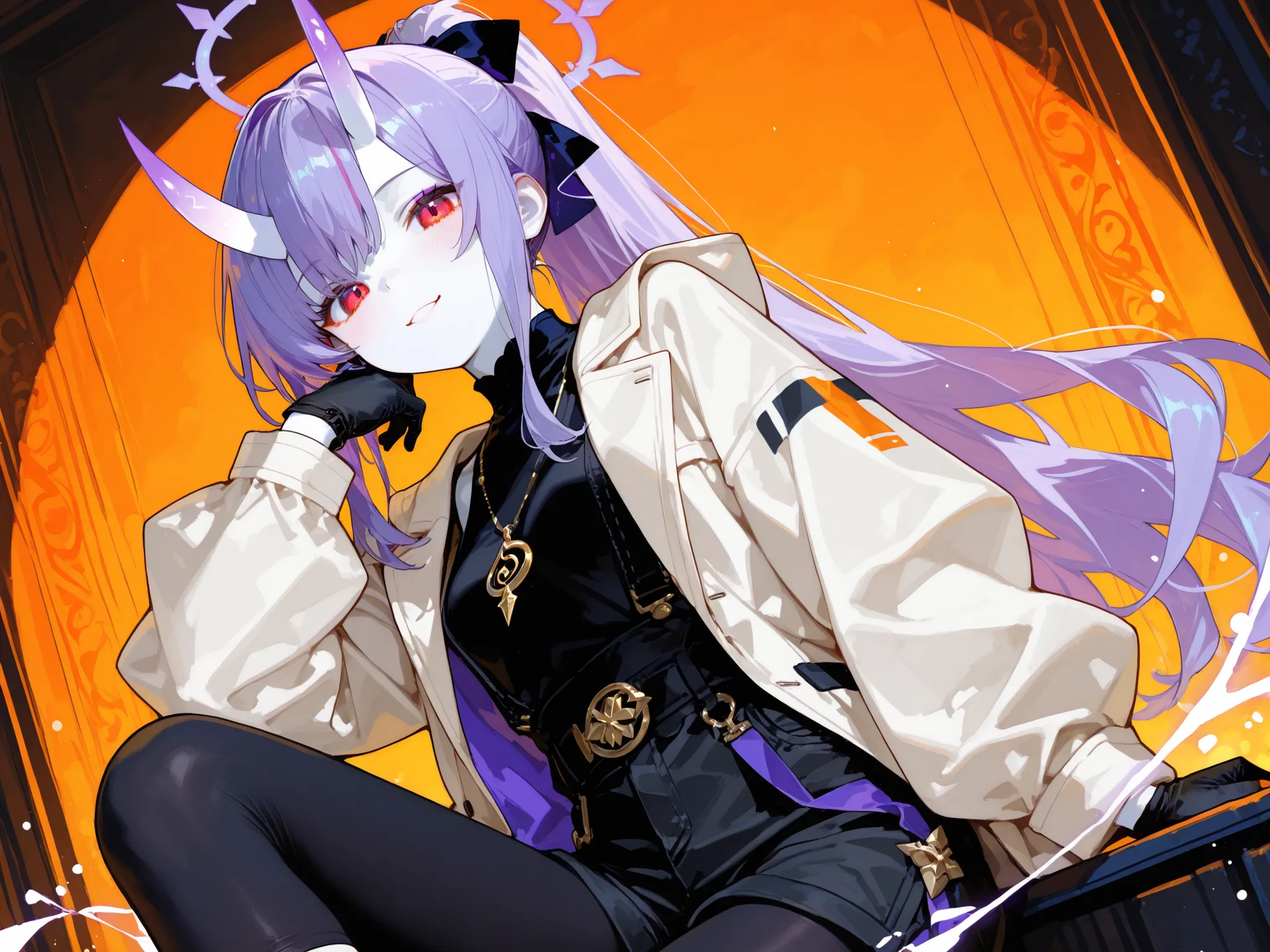A suit with striking purple hair、one side Young woman with a ponytail poses in a casual and confident pose. Her expressive red eyes and her white skin A stark contrast. She wears a stylish suit,including a fitted black top,usually associated with casual or...