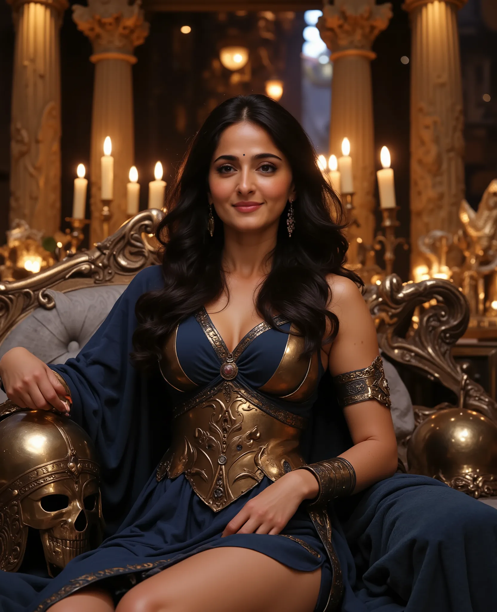 AnushkaShettyFlux Create a photorealistic candid full-body photo of a 30-year-old woman with very long, wavy dark hair flowing elegantly, her soft, round feminine face with full cheeks glowing in candlelight, gentle features radiating poised confid...