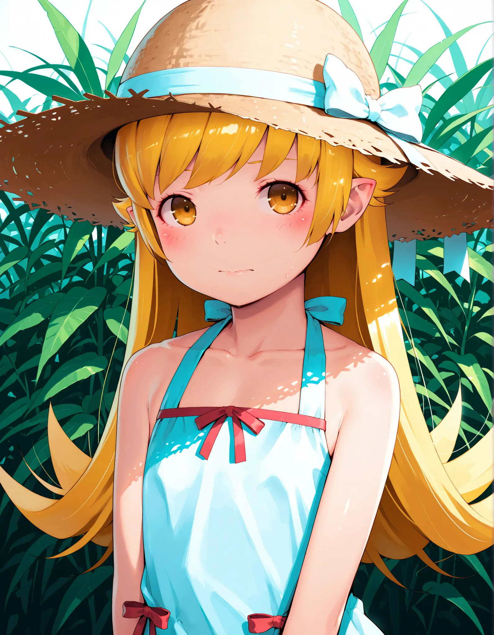 hideousbeing, solo,
hideousbeingStyle, 1girl,  bare shoulders, blonde hair, blush, bow, brown eyes, closed mouth, collarbone, dress, hat, hat bow, hat ornament, long hair, looking at viewer, monogatari (series), oshino shinobu, pointy ears, red bow, sleeve...