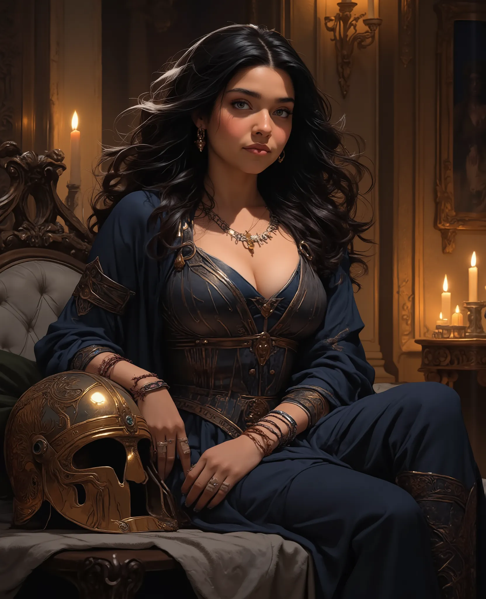   IM4N      Create a photorealistic candid full-body photo of a 30-year-old woman with very long, wavy dark  hair flowing elegantly, her soft, round feminine face with full cheeks glowing in candlelight, gentle features radiating poised confidence. She rec...