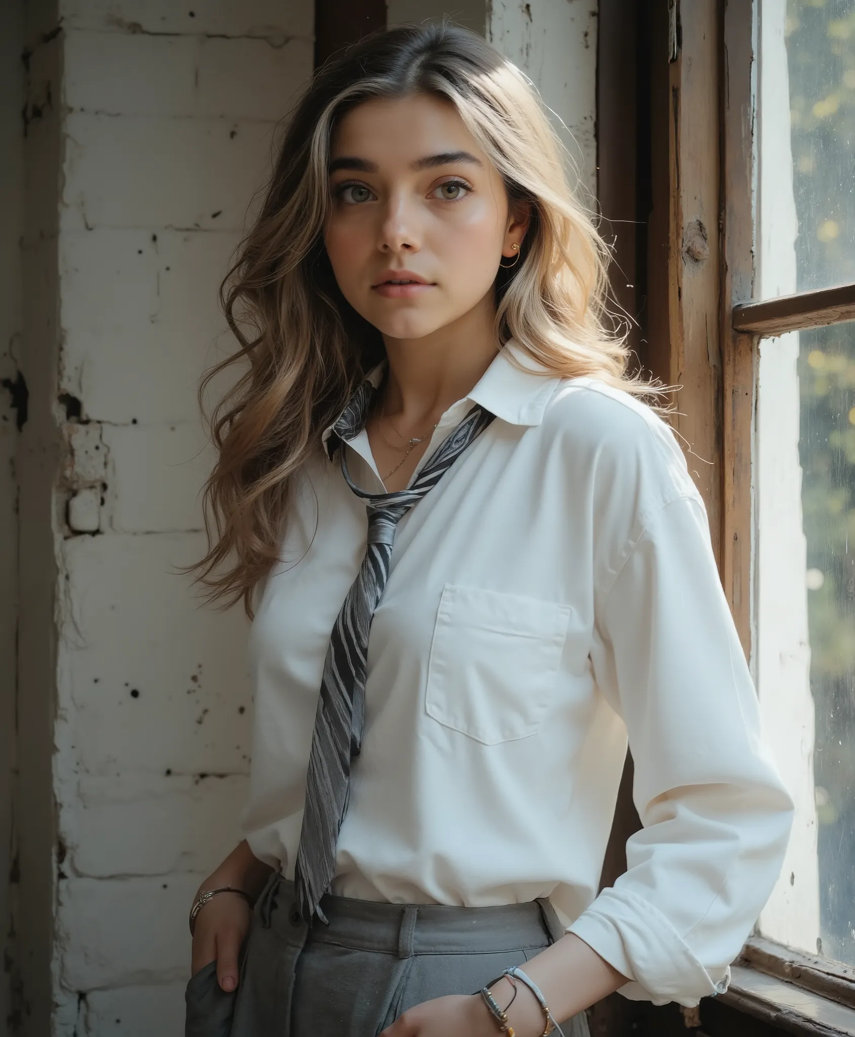   1M4N  , Niji Stan Katayama style   stan katayama style, Cinematic style,  
The image is a photograph featuring a young woman standing indoors, near a window with a textured, white plastered wall and a dark wooden frame. 
She has long, wavy, blonde hair t...