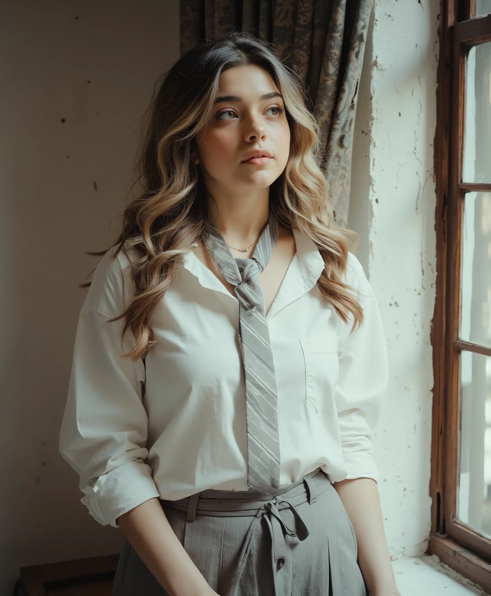   1M4N  , Niji Stan Katayama style   stan katayama style, Cinematic style,  
The image is a photograph featuring a young woman standing indoors, near a window with a textured, white plastered wall and a dark wooden frame. 
She has long, wavy, blonde hair t...