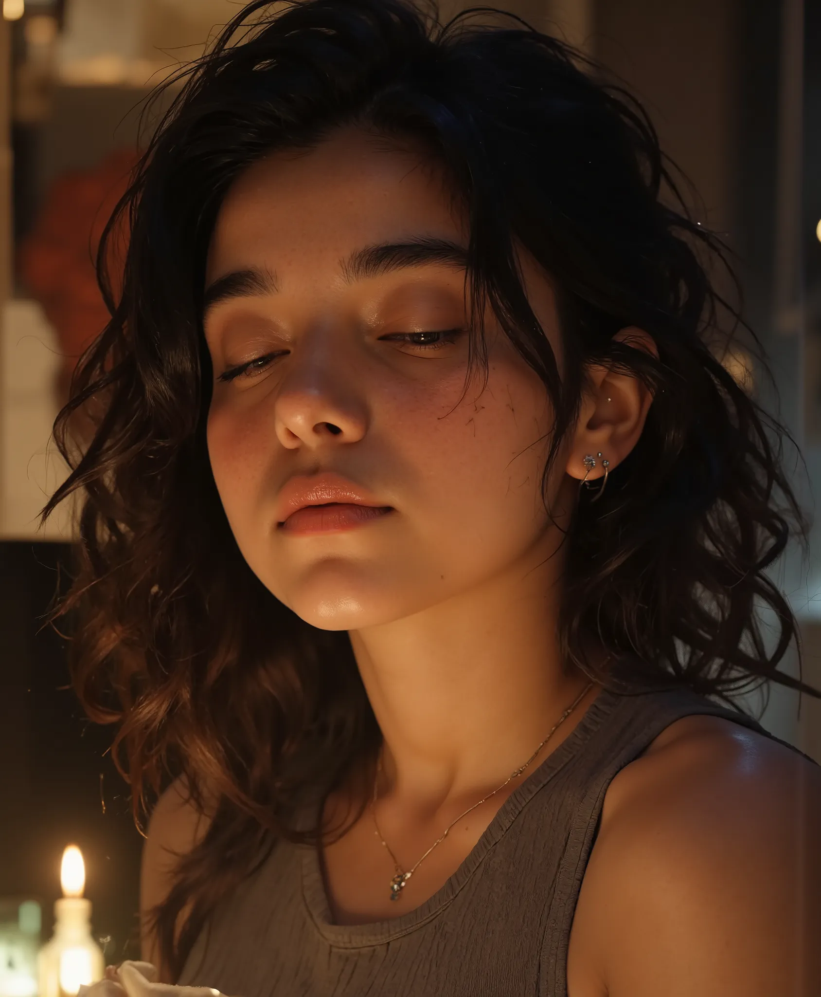   1M4N  , Niji Stan Katayama style   stan katayama style, Cinematic style,   The image captures a fleeting, intimate moments  a close-up of a young woman with her eyes closed, her expression soft and serene. The lighting is warm and diffused, casting gentl...