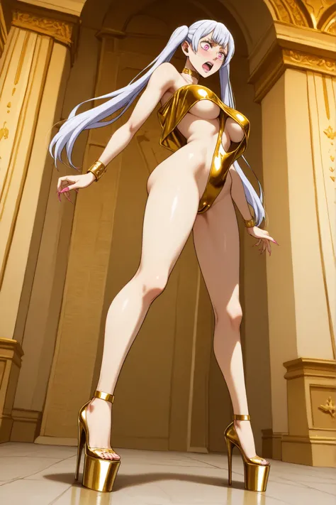 punteggio_9, punteggio_8_su, punteggio_7_su, source anime. Noelle Silva from Black Clover with white hair flowing in the wind and sweet pink eyes, Solo, petite, Side view and slightly from below, figura intera, embarrassed and in love expression with an op...