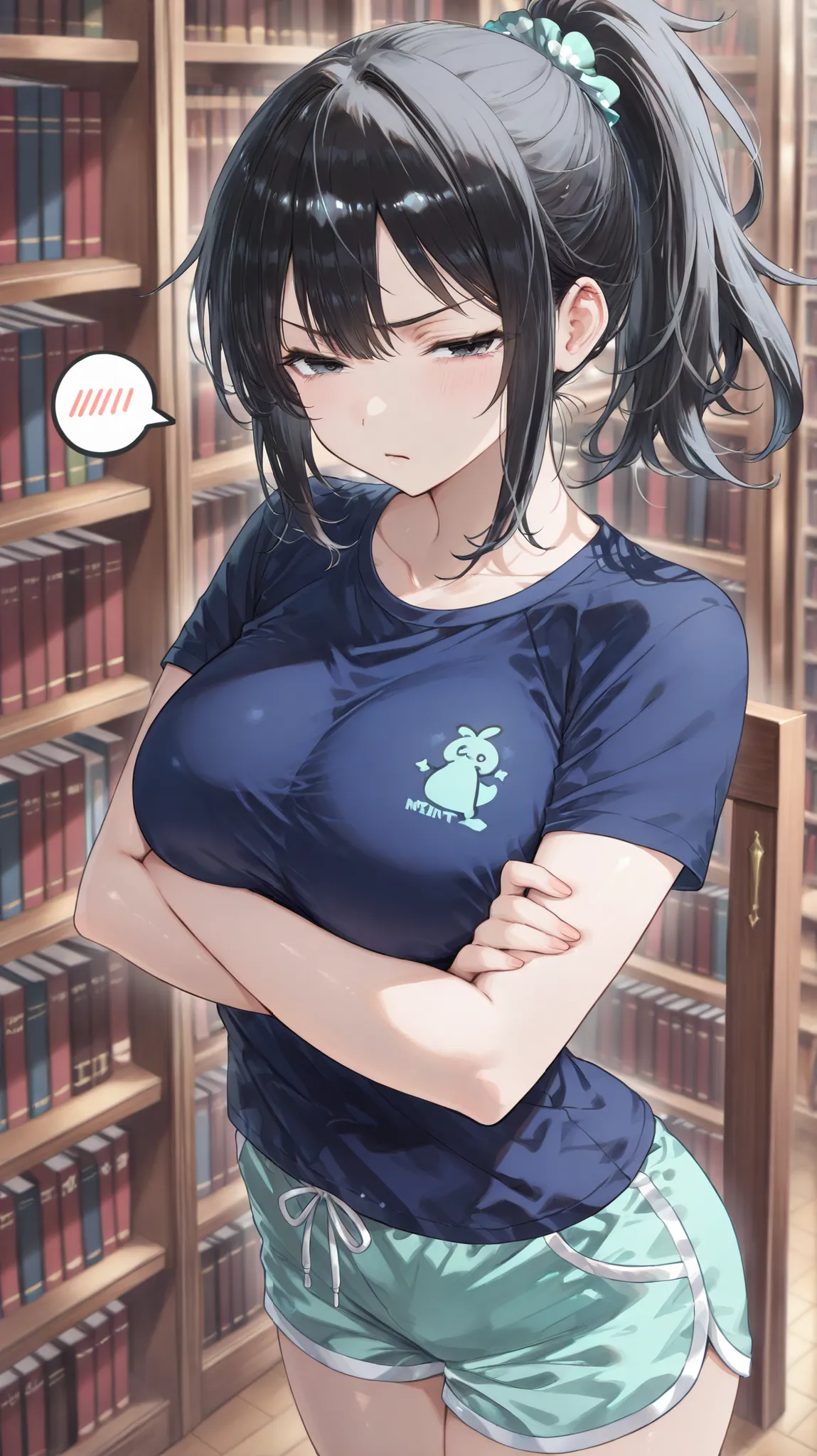 ((Best Quality)) (masterpiece) (details)、girl wearing mint-colored shorts highlighting her breasts in the library、with arms crossed、blue t-shirt、mint-colored shorts、ponytail、黒い髪、black eyes、squinting