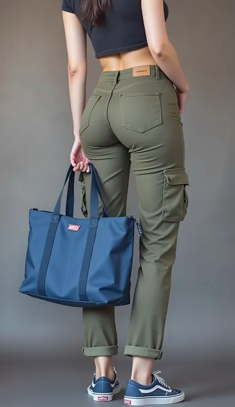 ((Close-up)) Of a thin woman standing (((in a back diagonal position))), wearing Cargo Pants and (((Vans® blue sneakers))), holding a basic blue cooler bag, simple straight bag, thermal bag with tote bag sizeu,u sacola simples, Ecological sabota, nylon the...