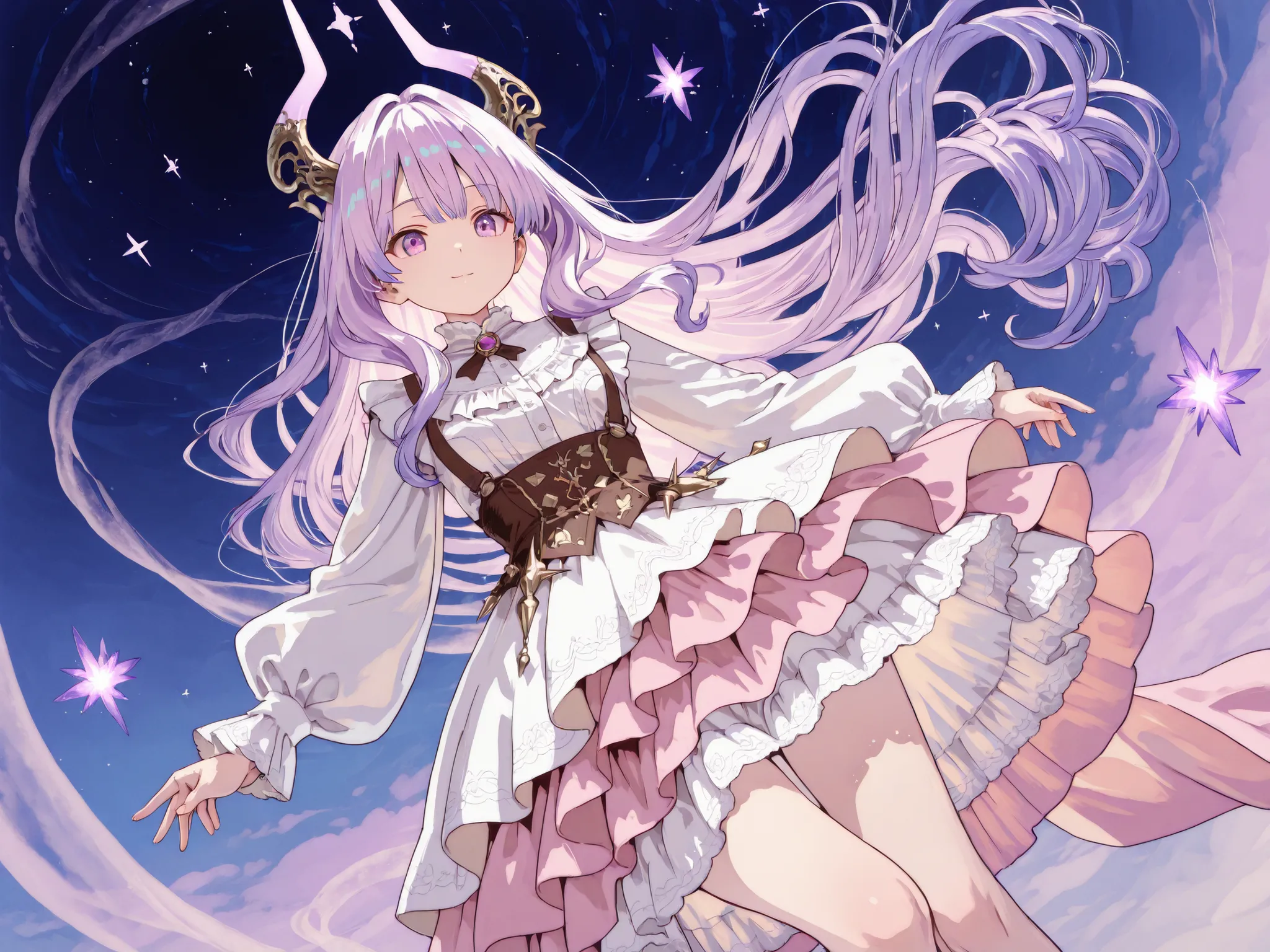 A fantasy-inspired character wears an elaborate and ornate costume. The character has long , The flowing hair is paired with white and lavender tones, creating an ethereal and soft look. The striking horns curve upward from the head, adds to the fantasy t...