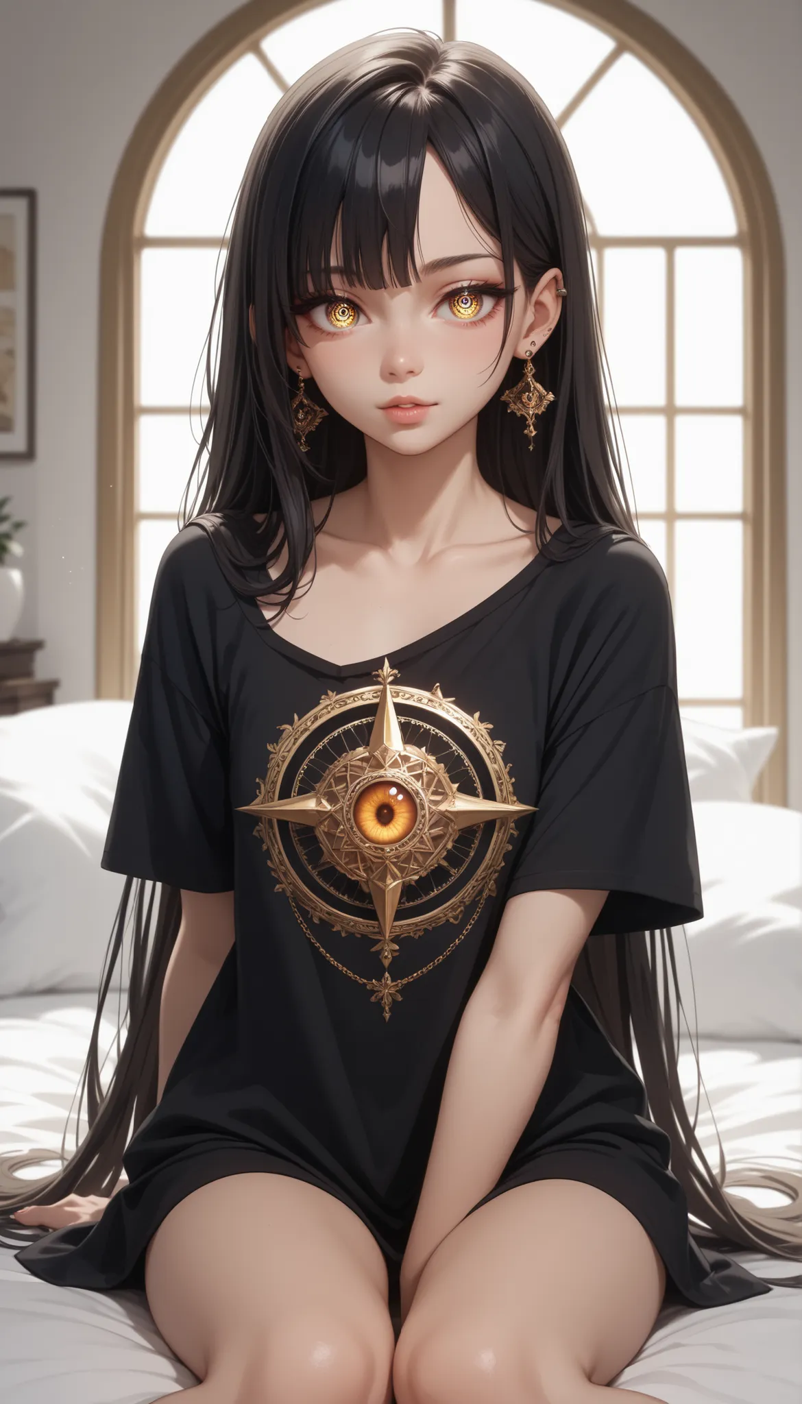 INCREDIBLY HIGH DEFINITION,masterpiece, Top quality, amazing quality from bottom left diagonally,Top quality,BEAUTIFUL EYES,Unbelievably Weird Hi-Res ,intricate details, HD Skins,solo,dark haired,The hotel on the right,bed,Oversized black t-shirt,gold,(with one eye hidden with hair),piercings,Small Breasts,glass,Triple Eye,