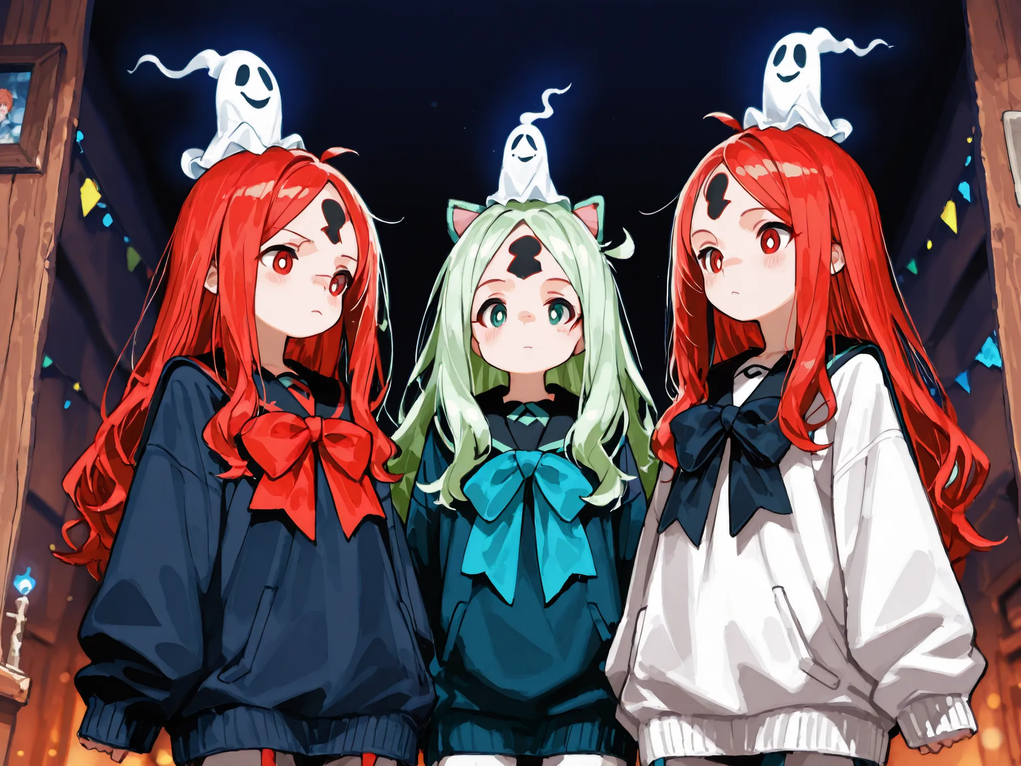 Decorations similar to n,and they have a contrasting bow. adding a fantasy element to the scene, long hair, have decorations similar to n on their heads. and the other is red,The other one is blue-green; Both characters have a striking, and the other are r...