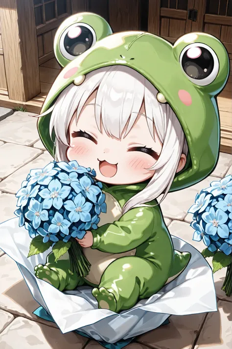 ((Masterpiece)),((best quality)),((incredibly absurdres)),((8K)),(anime style),
1 (chibi girl) ,(anime chibi),solo,minigirl,white hair,long hair,straight hair,baby face,cute,kawaii,white fox ears,big eyes,
Frog Costume,
:3,innocent smile,(closed eyes:1.2)...