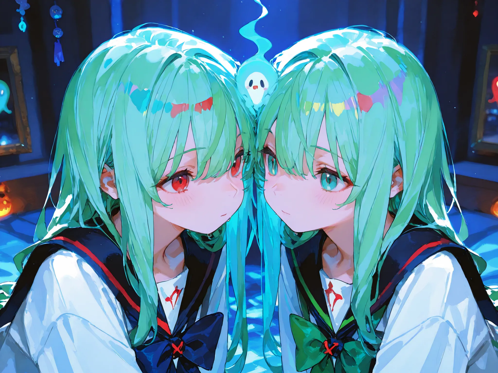 two girls,Wear matching dark sailor style,and they have a contrasting bow. adding a fantasy element to the scene, long hair, have decorations similar to n on their heads. and the other is red,The other one is blue-green; Both characters have a striking, an...