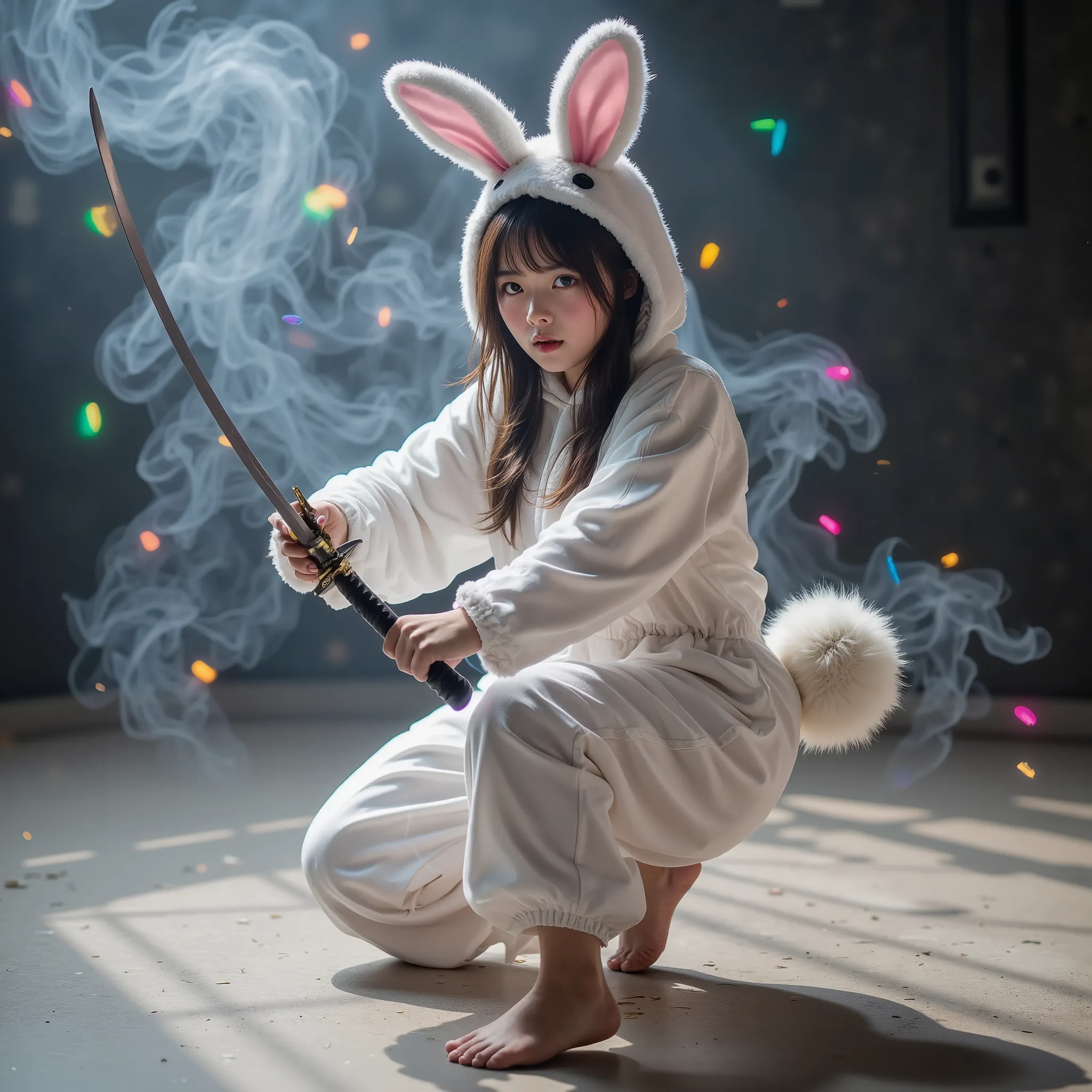 ExtremelyDetailed Sexy Beautys in Live-Action, The white Vorpal Bunny turned into a Kawaii Bishoujo, 変化之術, Smoky witchcraft, smoking hot, Stuffed Bunny Onesie, Haunting and Ethereal, Luminous Rainbow Particles 🌈, One hand Swinging a KATANA with Luminescent...