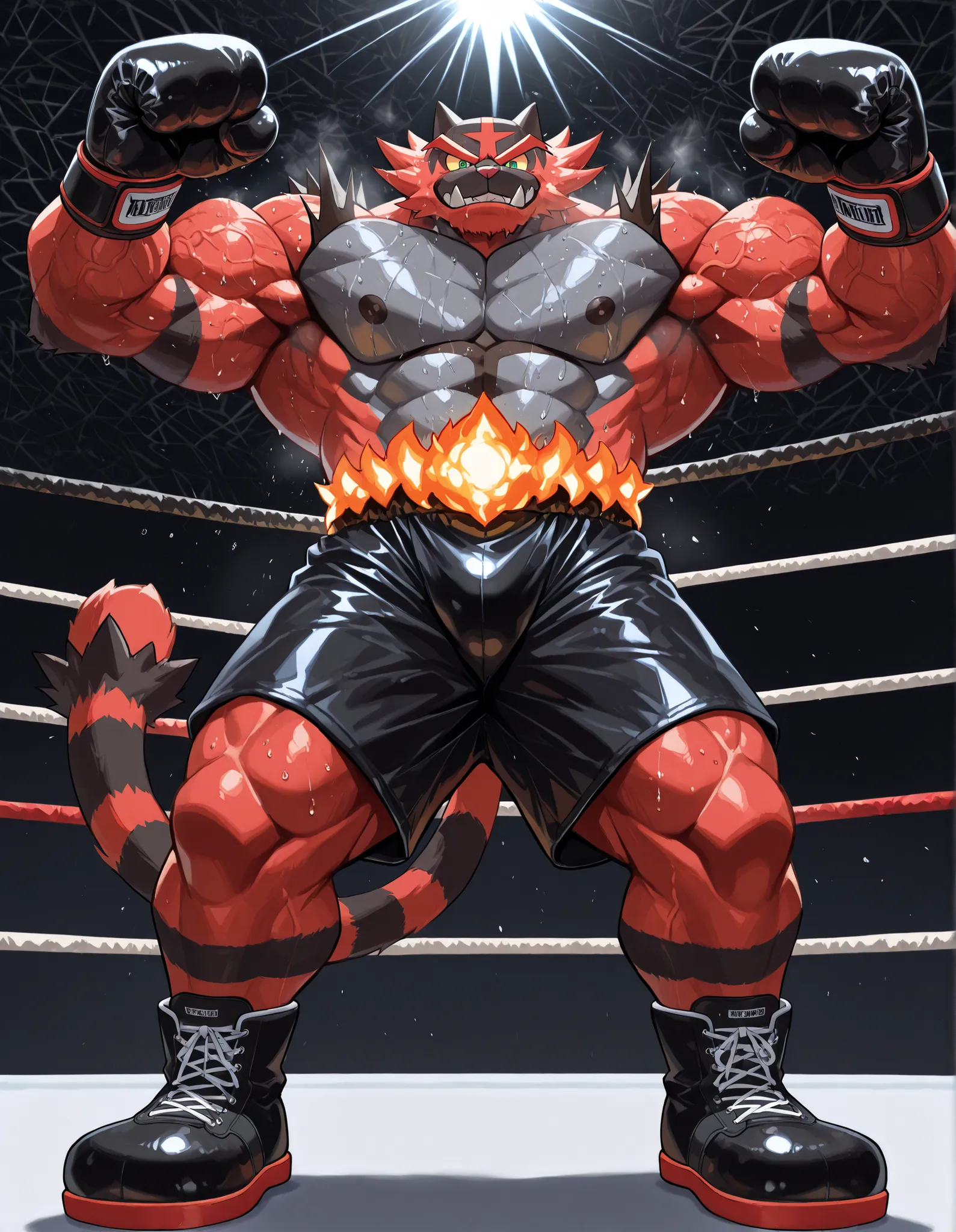 Incineroar, anthro male, high quality, full body, looking down at viewer, looking up from directly below, solo, boxing ring background, black boxing gloves, thick very veiny arms, very veiny muscular, black boxing shorts, black boxing shoes, heavyweight bo...