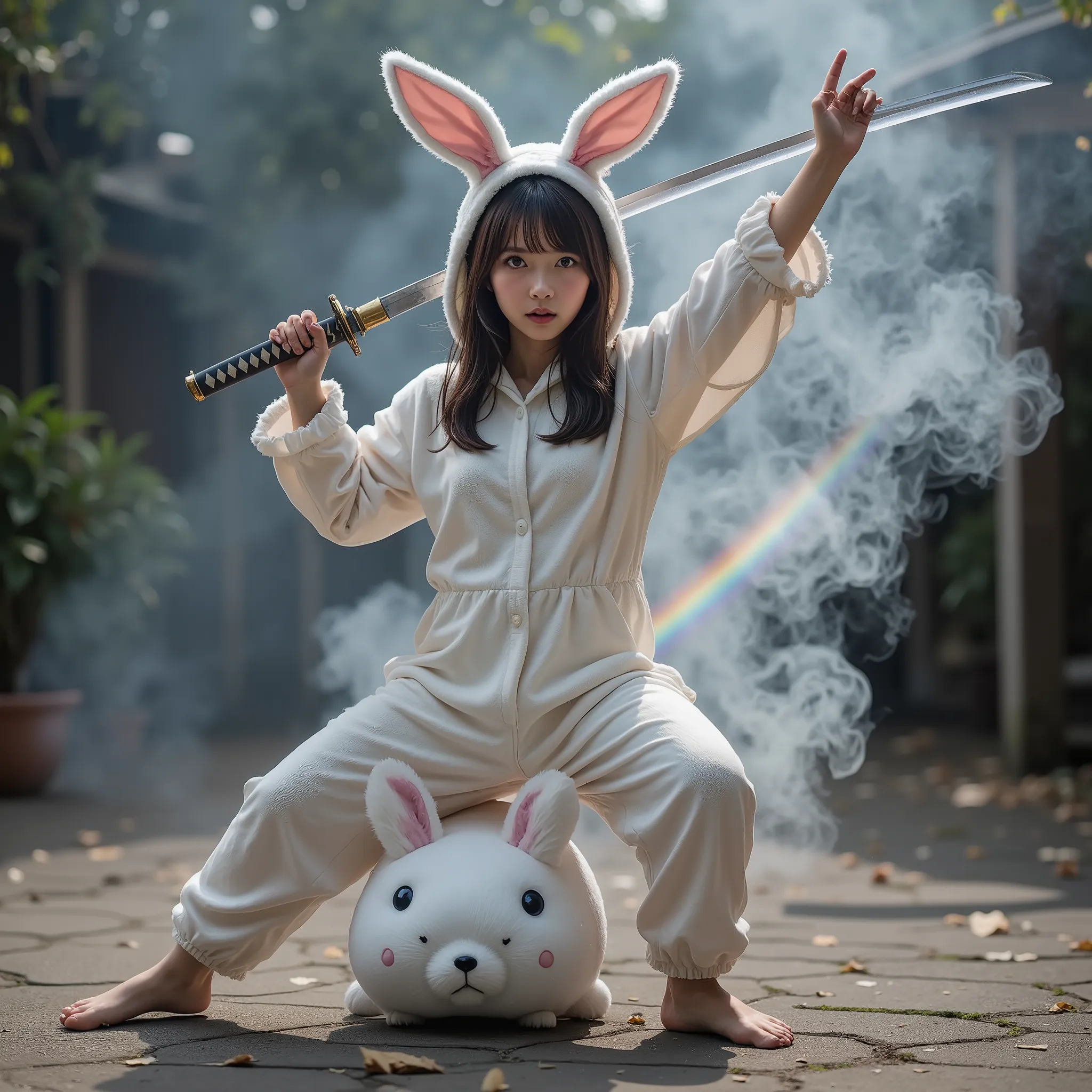 ExtremelyDetailed Sexy Beautys in Live-Action, The white Vorpal Bunny turned into a Kawaii Bishoujo, 変化之術, Smoky witchcraft, smoking hot, Stuffed Bunny Onesie, Haunting and Ethereal, Luminous Rainbow Particles 🌈, One hand Swinging a KATANA with Luminescent...
