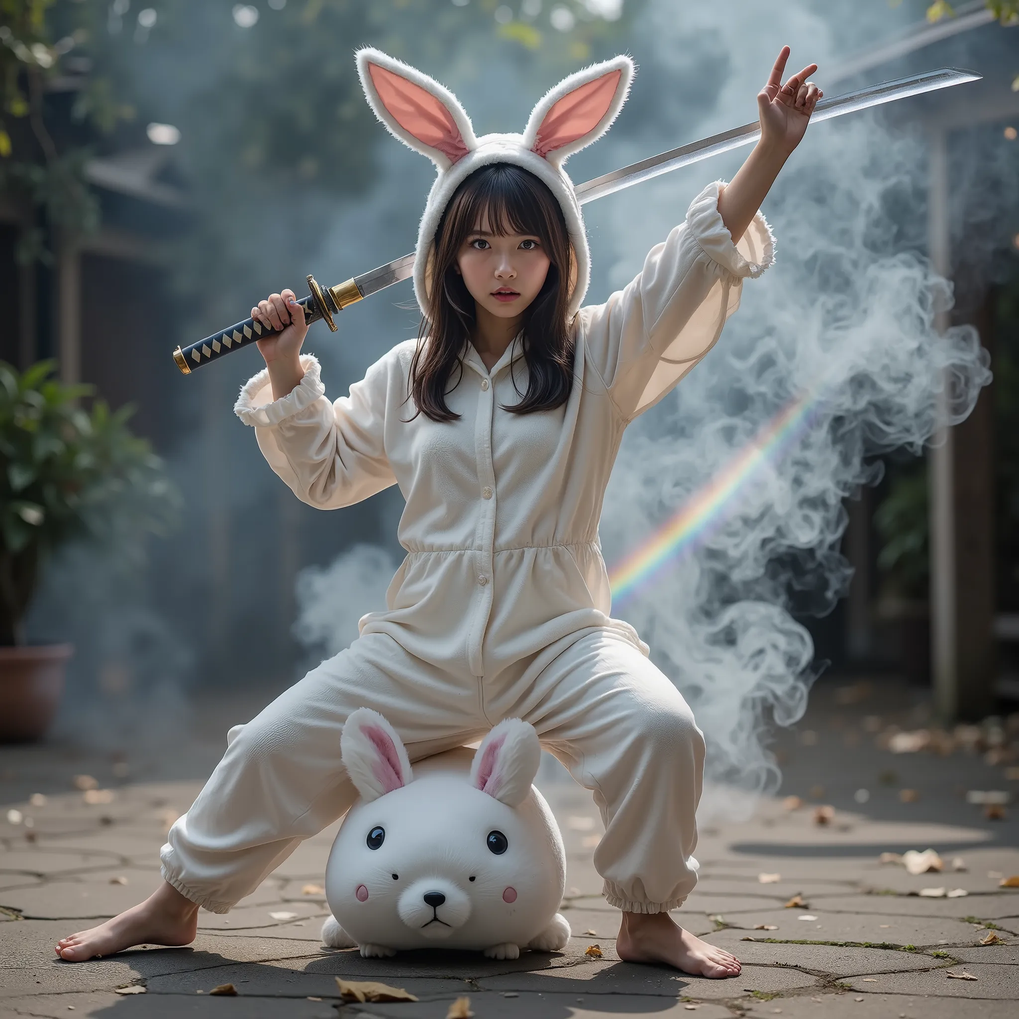 ExtremelyDetailed Sexy Beautys in Live-Action, The white Vorpal Bunny turned into a Kawaii Bishoujo, 変化之術, Smoky witchcraft, smoking hot, Stuffed Bunny Onesie, Haunting and Ethereal, Luminous Rainbow Particles 🌈, One hand Swinging a KATANA with Luminescent...