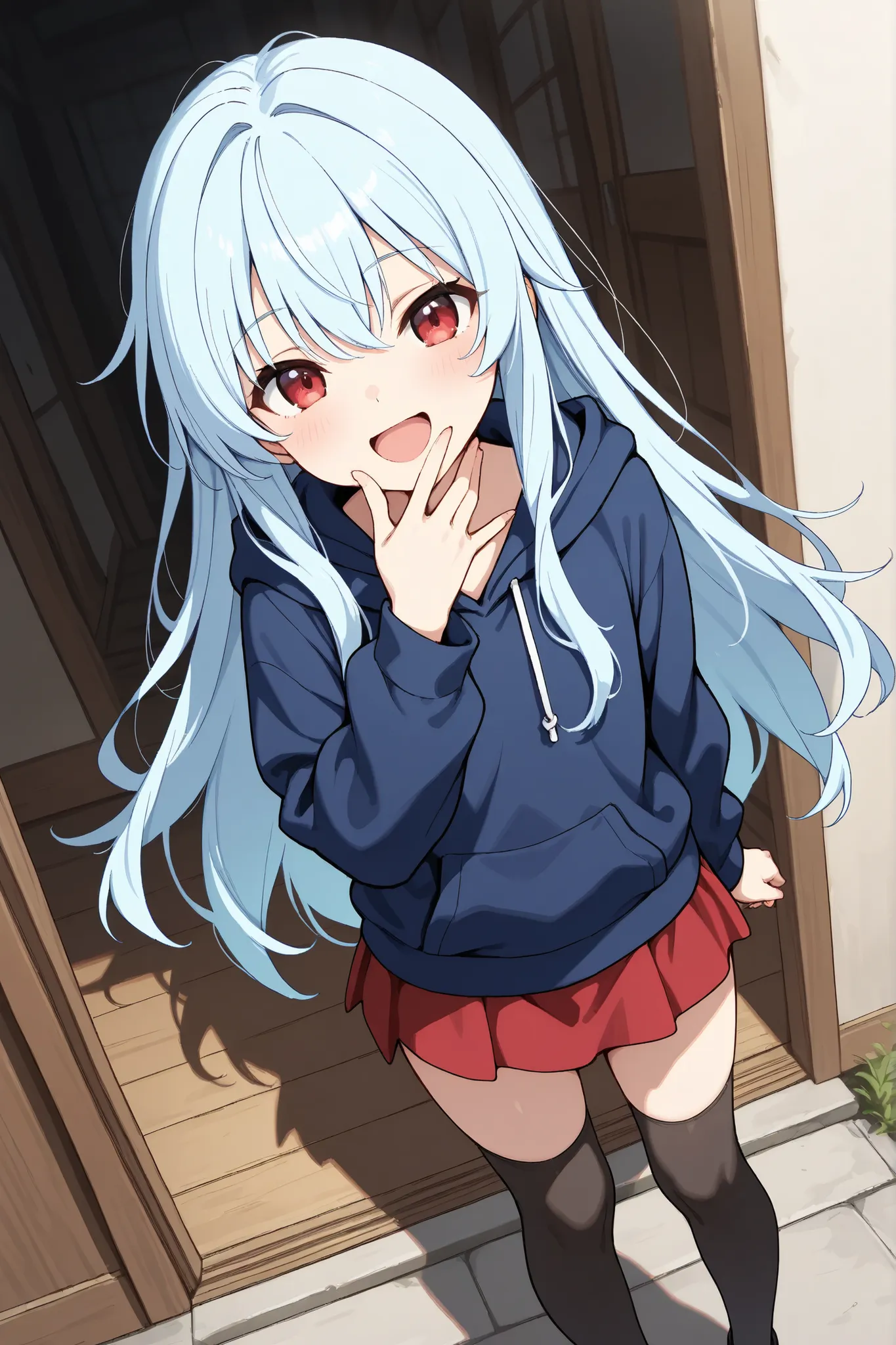Japanese Woman, masterpiece,  Top quality,  intricate details, high resolution, anatomically accurate, 1 woman,

light blue hair, super long hair, red eyes, flat chest, 

navy blue hoodie, red miniskirt,Black Over-Knee High Socks,

happy face, Long sleeves...