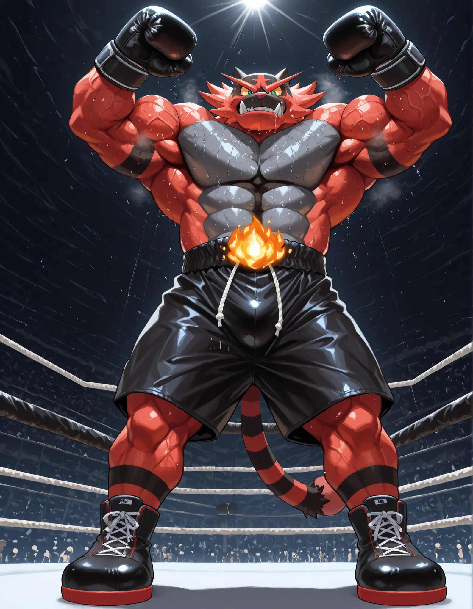 Incineroar, anthro male, high quality, full body, looking down at viewer, looking up from directly below, solo, boxing ring background, black boxing gloves, thick very veiny arms, very veiny muscular, black boxing shorts, black boxing shoes, heavyweight bo...