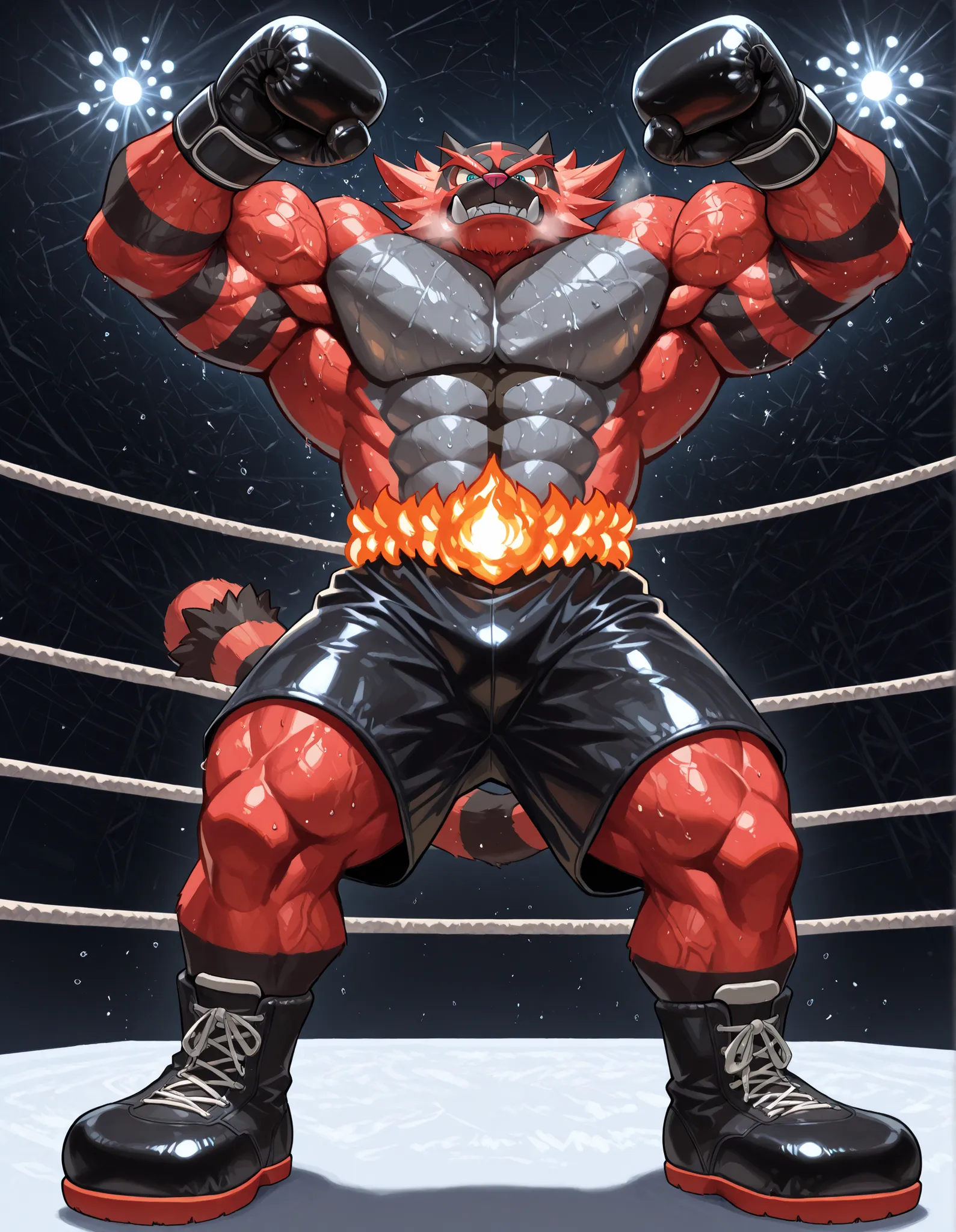 Incineroar, anthro male, high quality, full body, looking down at viewer, looking up from directly below, solo, boxing ring background, black boxing gloves, thick very veiny arms, very veiny muscular, black boxing shorts, black boxing shoes, heavyweight bo...