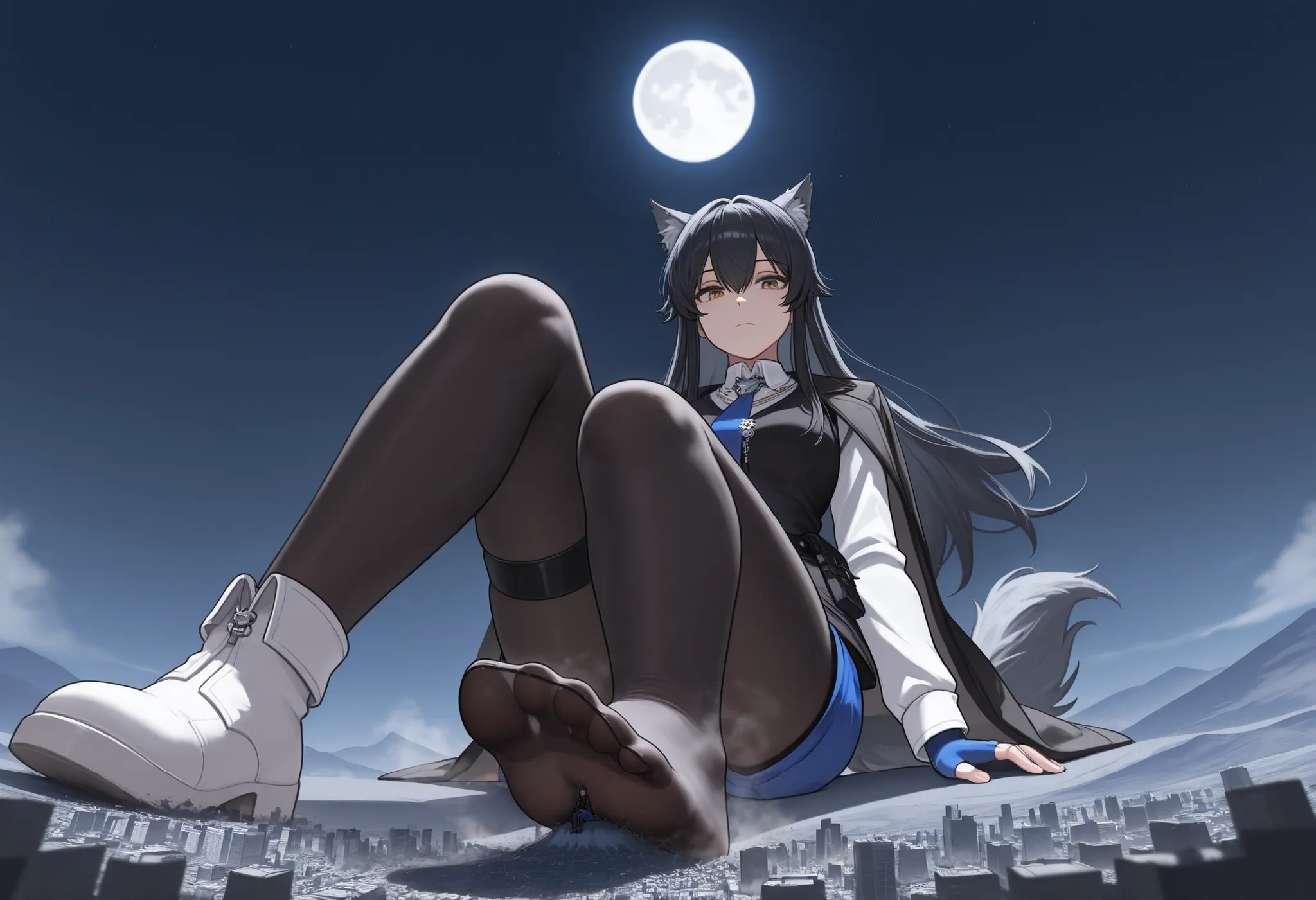 1girl, txsomrts, Sitting on the mountain, wolf tail, expressionless, looking at viewer, long hair, black hair, hair between eyes, animal ears, animal ear fluff, yellow eyes, black coat, coat on shoulders, black vest, belt pouch, white shirt, collared shirt...