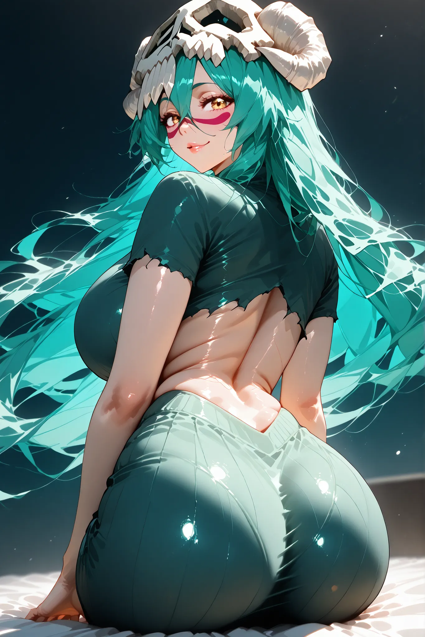 A seductive and charming anime girl resembling Bleach's Nelliel Tu Odelschwanck, with long green hair, soft youthful facial features, and a voluptuous yet graceful body. She poses seductively and cheerfully—her back slightly arched, lips parted in a flirta...