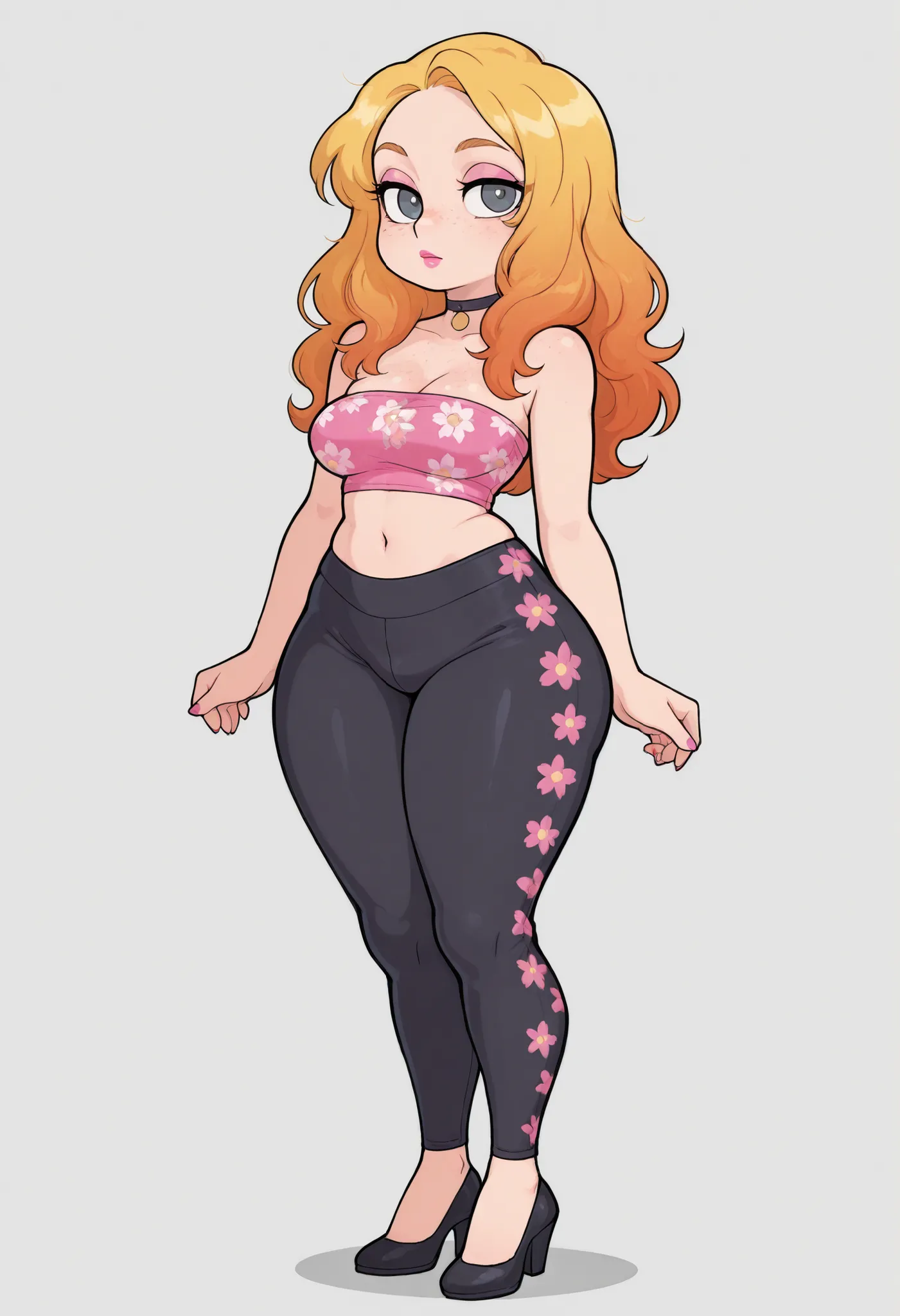 Francine Smith, looking at viewer, pink lipstick, choker, Blonde hair, medium breasts, huge hips. long hair. black eyes. | masterpiece, best quality, amazing quality, very aesthetic, perfect eyes,((r17329_illu)),gotic, gr4ph1t3, , Fr3ckles, ginger hair, gr...