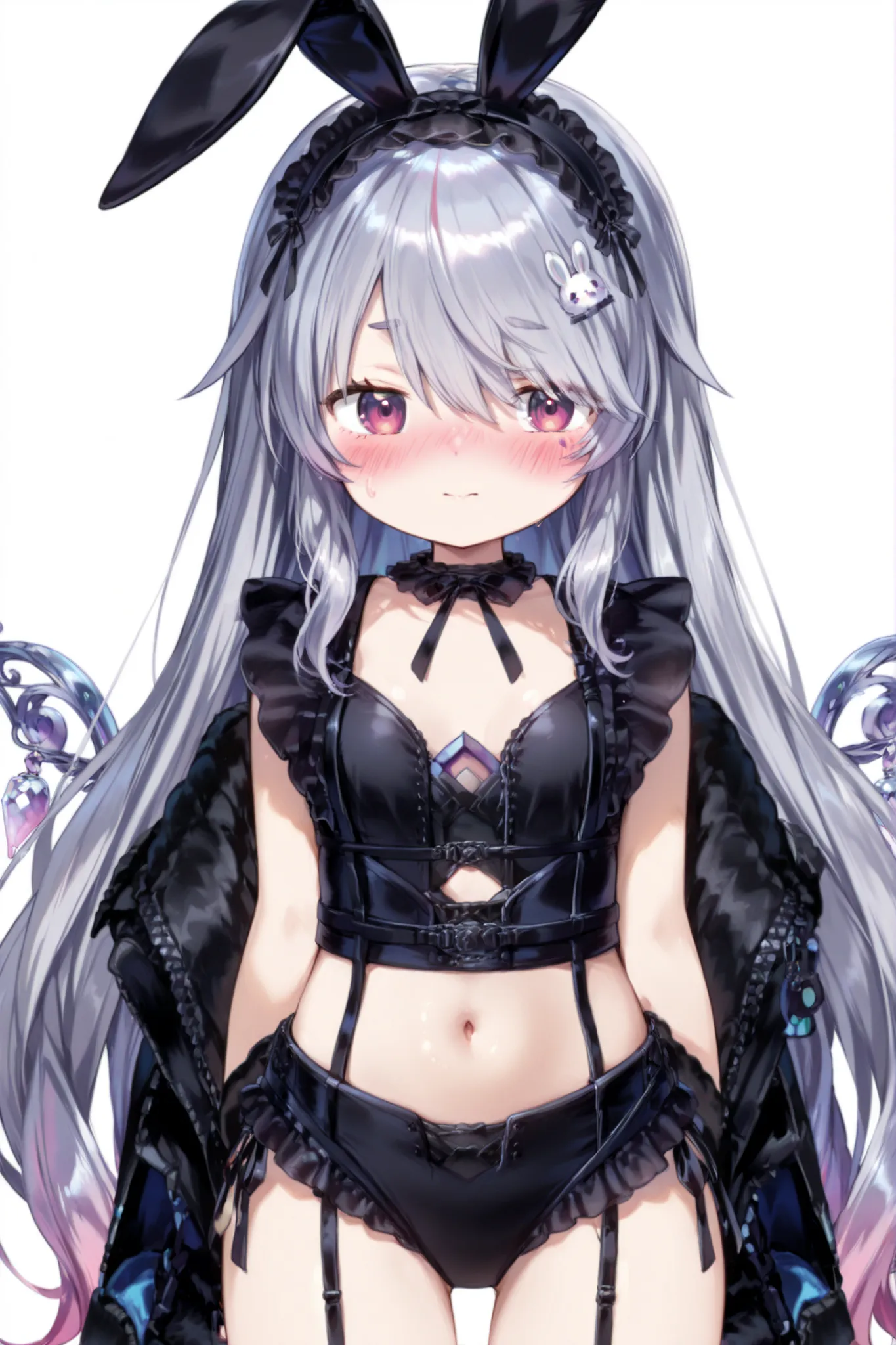 A cute anime-style girl with long, flowing pastel gradient hair (silver to pink), wearing a frilly black bikini with off-shoulder ruffles and side-tie bottoms adorned with pearl beads, large black bunny ear headband with a star decoration, standing in a ge...