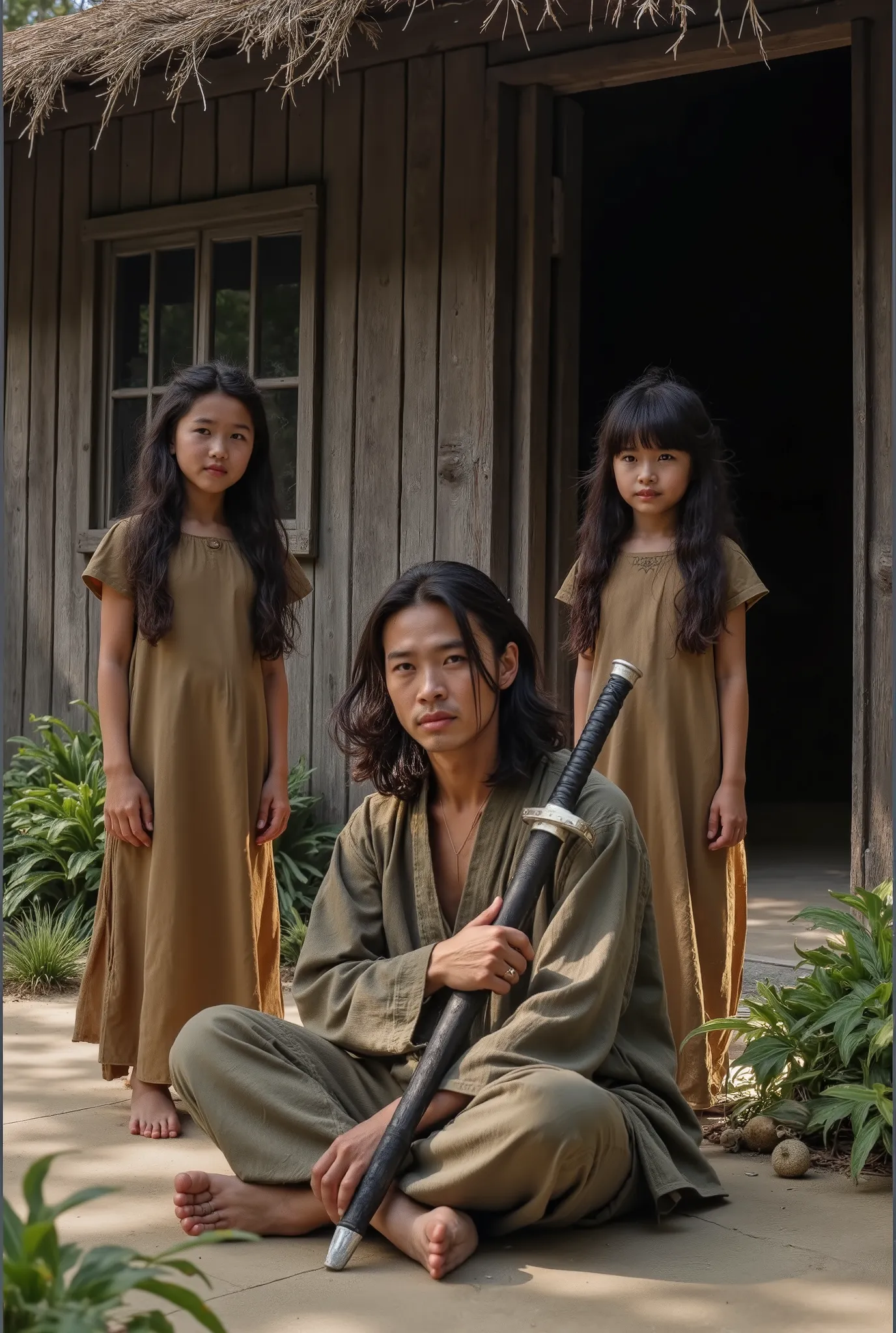 Hyperrealism. In this image, a Beautiful chinese man is seated on the ground with two cute girls  standing beside him (barefoot). The man wearing traditional chinese clothing of peasant that includes long pants and a loose-fitting shirt. His hair is dark a...