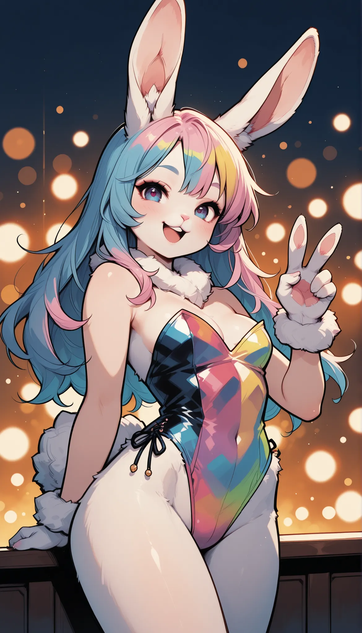 Farley, Rabbit Girl, Beast Girl , fluffy, Fur, Bad Girl Bunny, Sexy Rabbit Characters, (rabbit ears, rabbit nose , Rabbit mouth , rabbit face , Laughter, Smiling, Rabbit hands , Hand of the Beast), Japanese Anime Style, colorful, Bokeh, wide angle, Attrac...