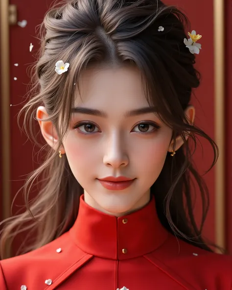 Beautiful girl wearing sexy red dress, big eyes, cute nose, white flower nose, seductive smile, sexy, seductive look