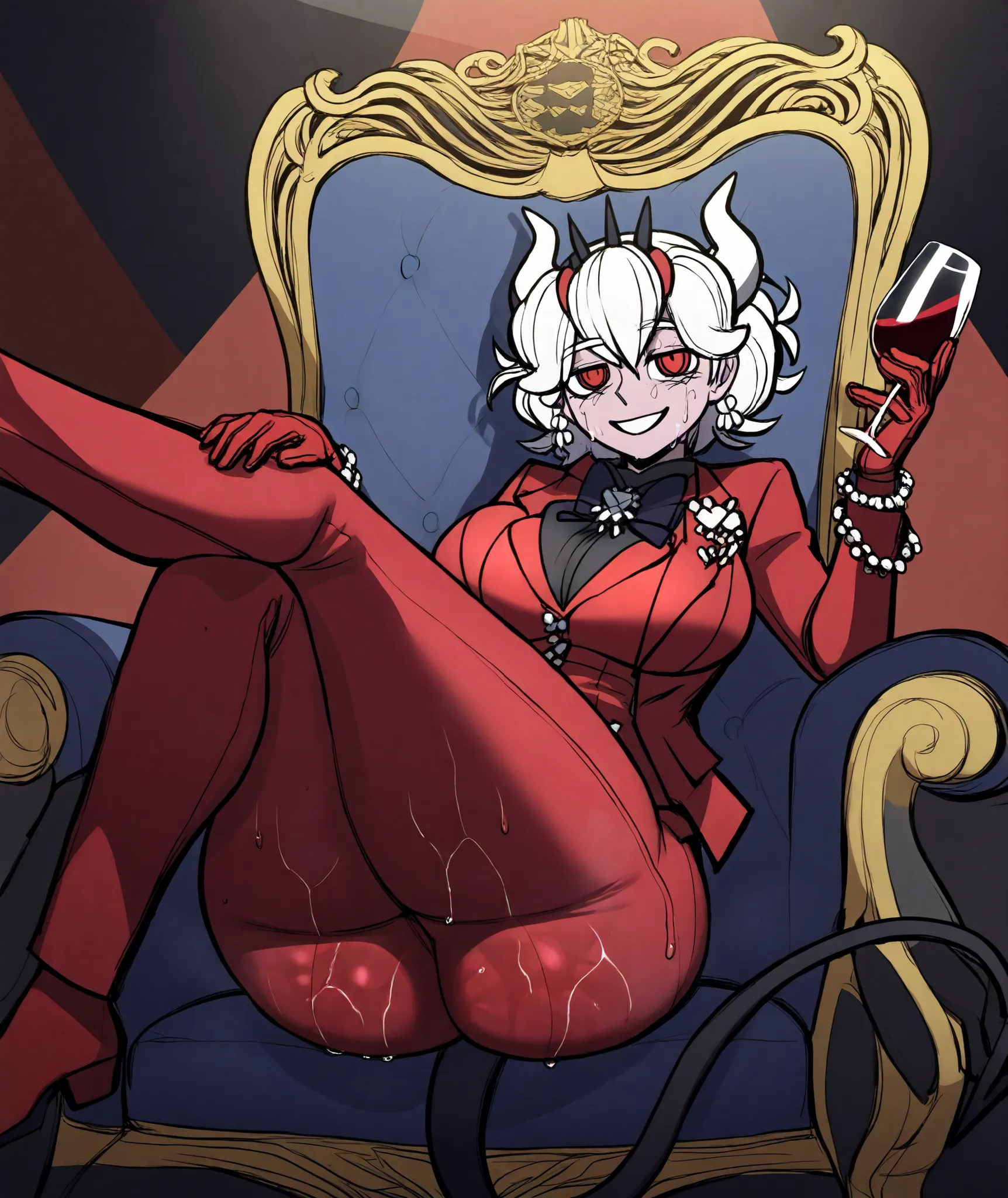 Beelzebub (Helltaker), has white hair and crimson irises with a cleft tail, white horns and what appear to be chitin spikes sticking out of his hair. Beelzebub wears an almost completely crimson outfit., beads with a black undershirt, A crimson vest , cri...