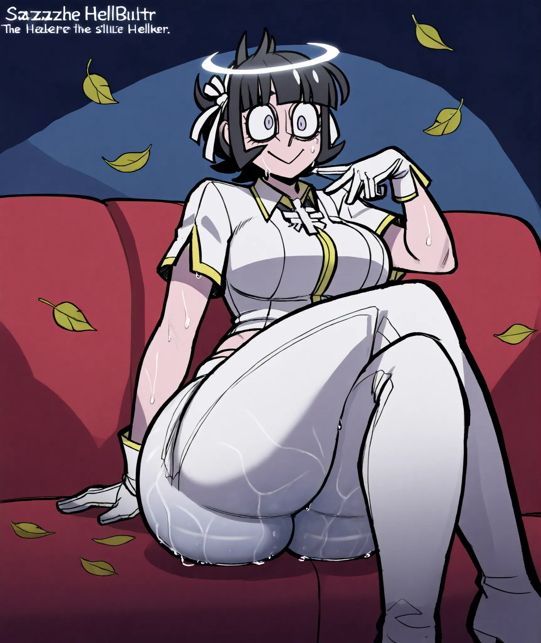 Azazel (Helltaker), wears a white, almost military-style uniform with yellow lining on the collar, sleeves, gloves, and midriff. He also wears a collar beneath the collar, which joins together to hold a square cross with leaves protruding from beneath. He ...