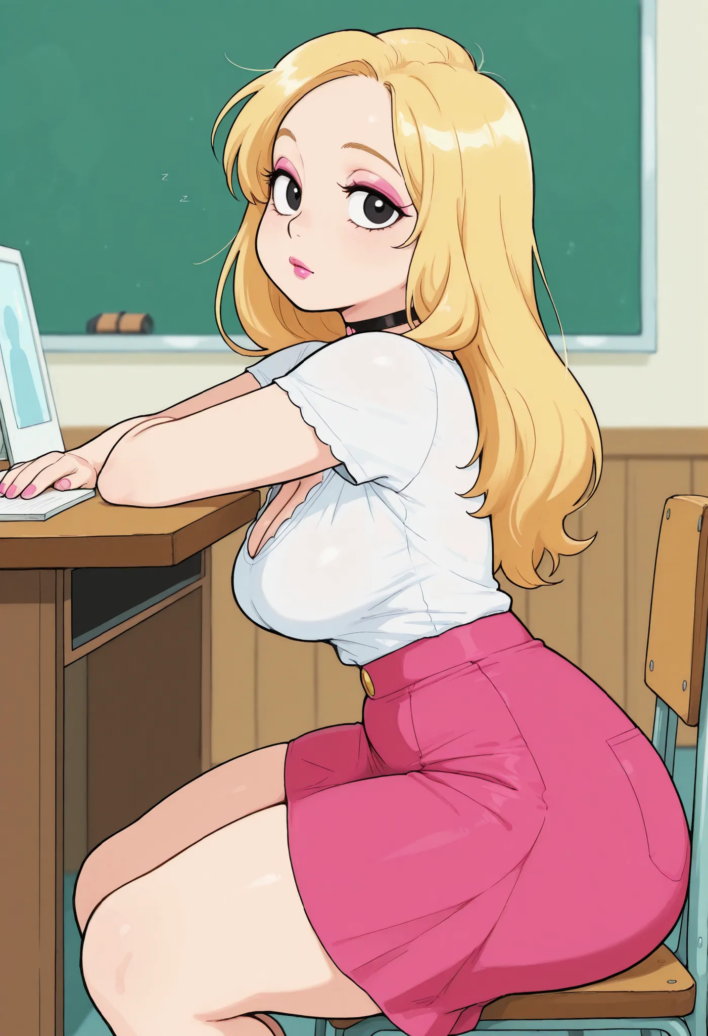 Francine Smith, looking at viewer, pink lipstick, choker, Blonde hair, medium breasts, huge hips. long hair. black eyes. | masterpiece, best quality, amazing quality, sleeping on desk, sitting, sleeping, indoors, hanging breasts, from side, skirt, cowboy...