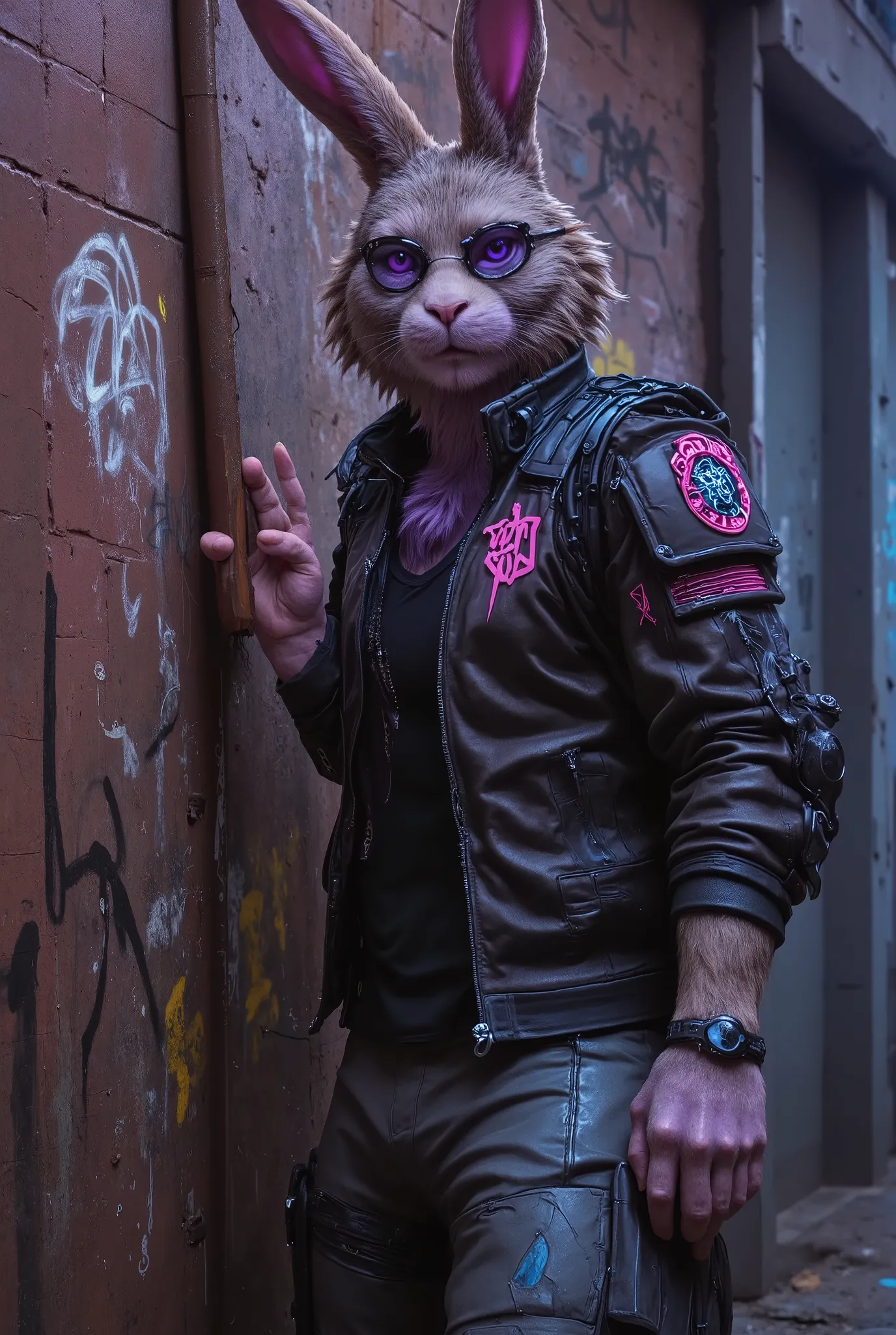 rabbit with fusion of purple and gray fur, standing in the alley lean on a wall with "bad bunny" graffiti on it. The character is wearing a black leather jacket, carrying a baseball bat, his bunny ears are pierced, looking cool with cyberpunk glasses.