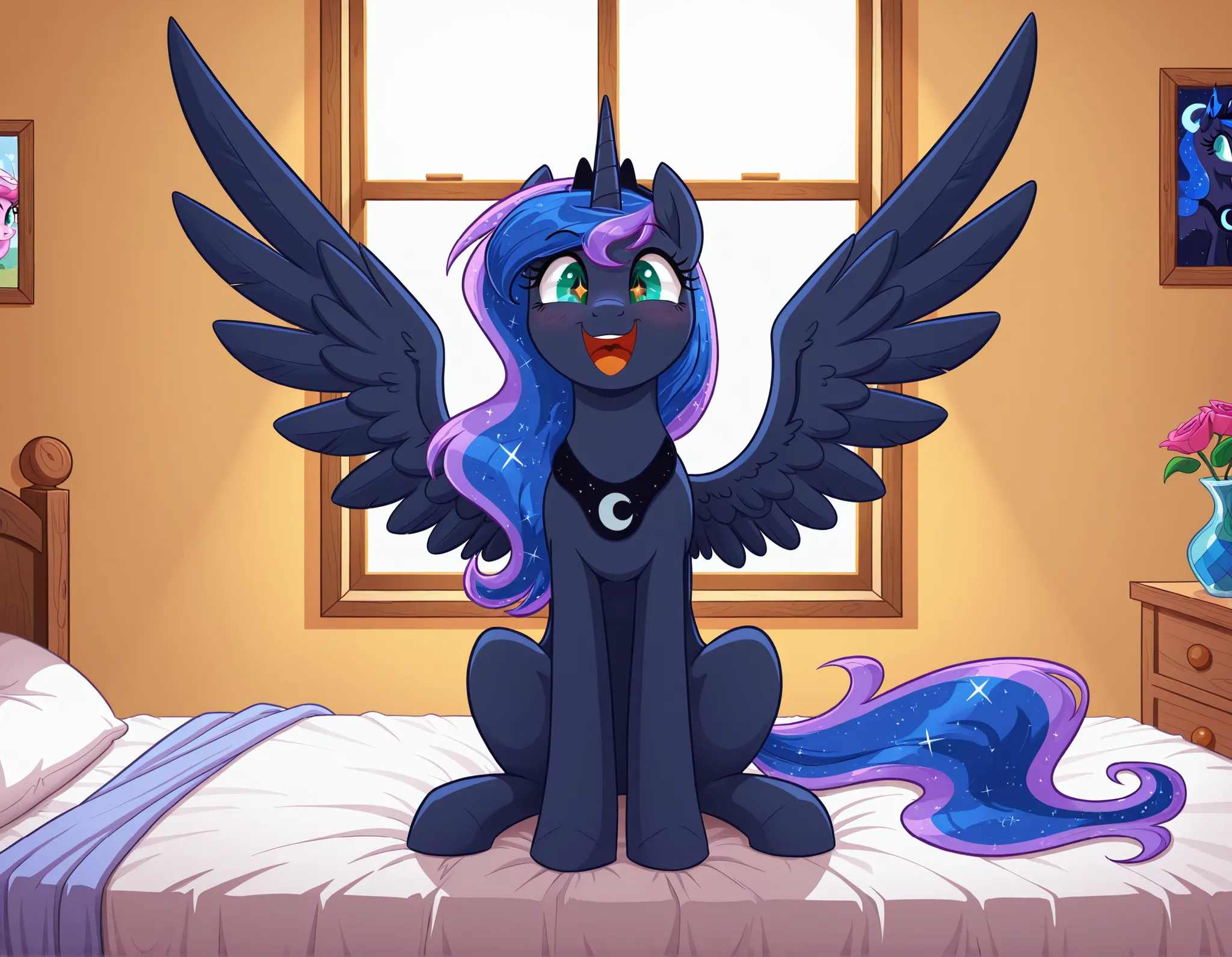 masterpiece, best quality, highres,  masterpiece, best quality, absurd res, hi res, my little pony, friendship is magic, quadruped, feral, equid, equine, pony, solo, princess luna, feral, alicorn, feathered wings, wings,  sitting on bed, window view,  wide...