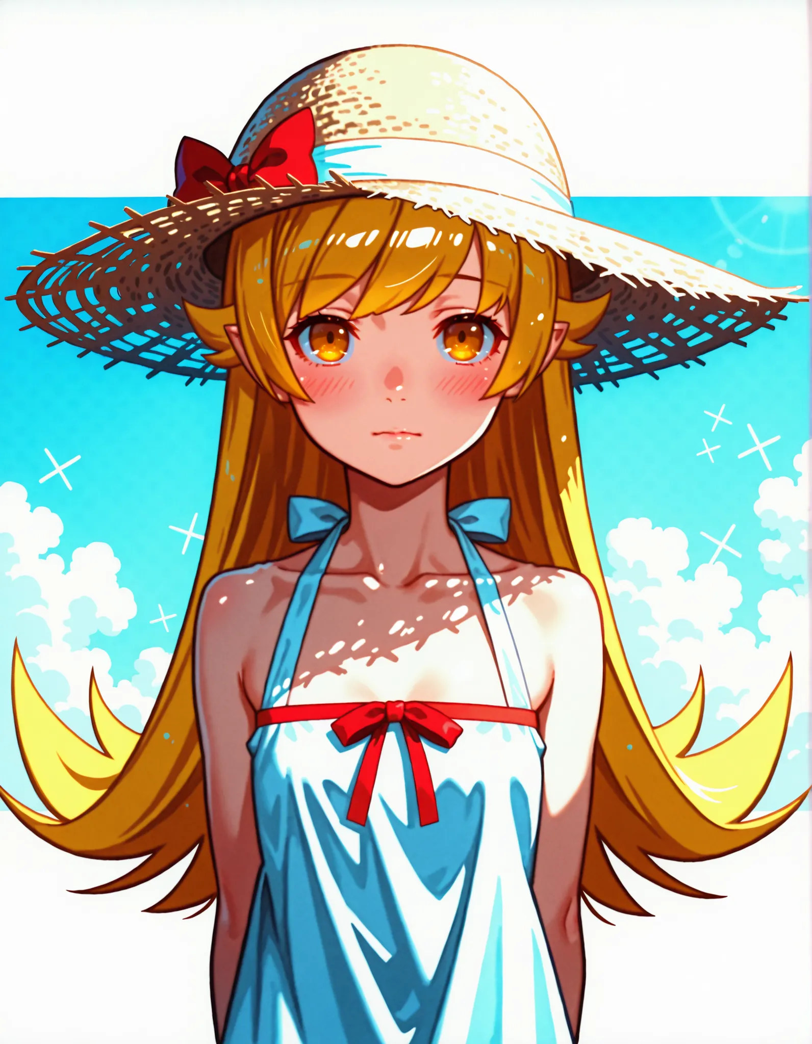 1girl,  bare shoulders, blonde hair, blush, bow, brown eyes, closed mouth, collarbone, dress, hat, hat bow, hat ornament, long hair, looking at viewer, monogatari (series), oshino shinobu, pointy ears, red bow, sleeveless, sleeveless dress, straw hat, sun ...