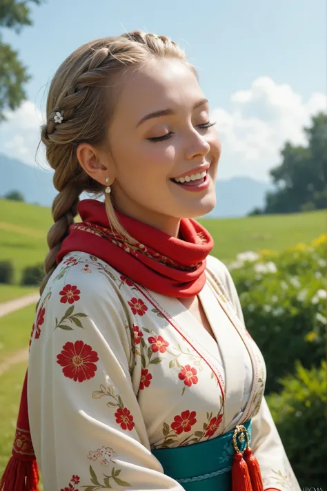 a beautiful girl with very blond blond braided hair in a red scarf in Belarusian folk clothes with her eyes closed is joyful and cheerful