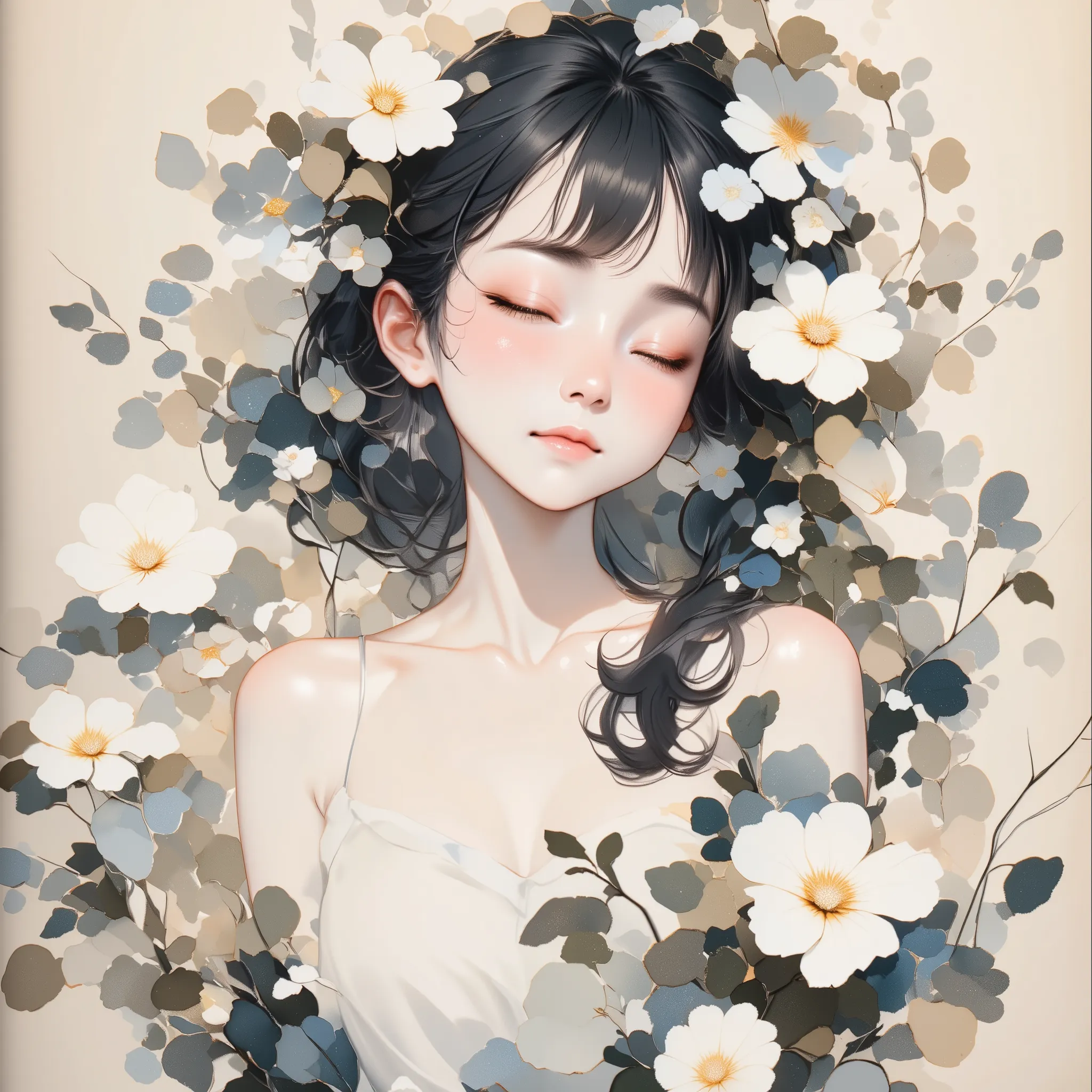 watercolor, watercolor, watercolor風, watercolorの詳細なアート, watercolor digital painting, watercolor paint、BREAK、((( beautiful woman、very cute girl)))、Floral ornament、 Wabi Sabi Art 、White、gray、black tone 、 parchment 、抽象的Floral ornament、Three big flowers、 dre...