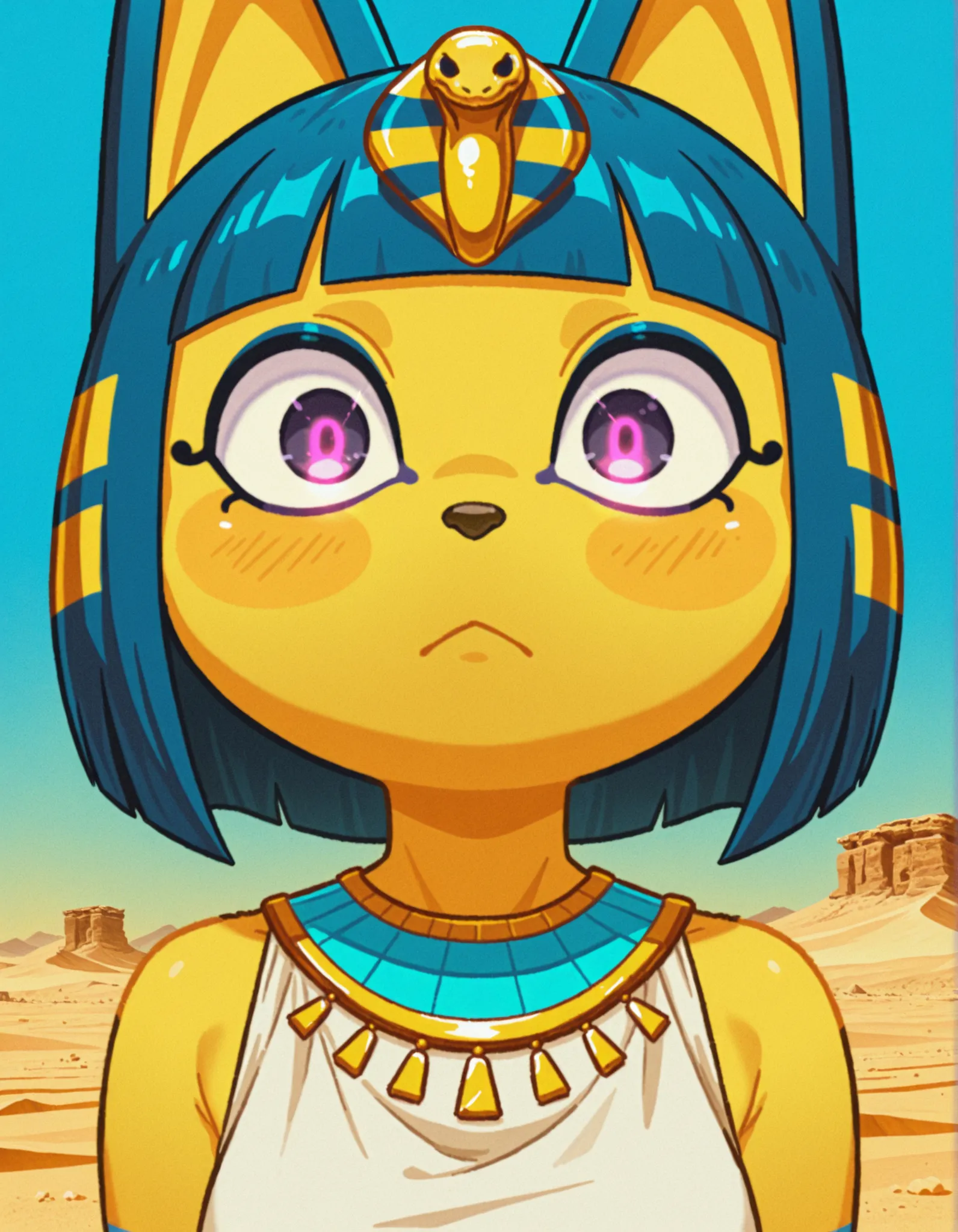 1girl, furry, ankha \(animal crossing\), yellow background, yellow theme, blue background, desert, purple eyes, glowing eyes, wide-eyed, looking at viewer, close-up, 