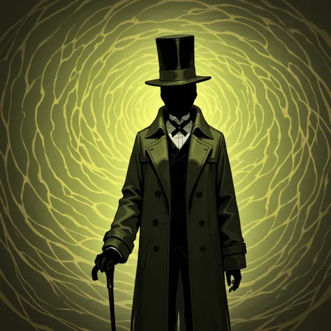 Man's Silhouette, portrait, abstract background, brown-green background, standing still, top hat, coat, best quality, no face, holding cane, the narrator, dark silhouette,