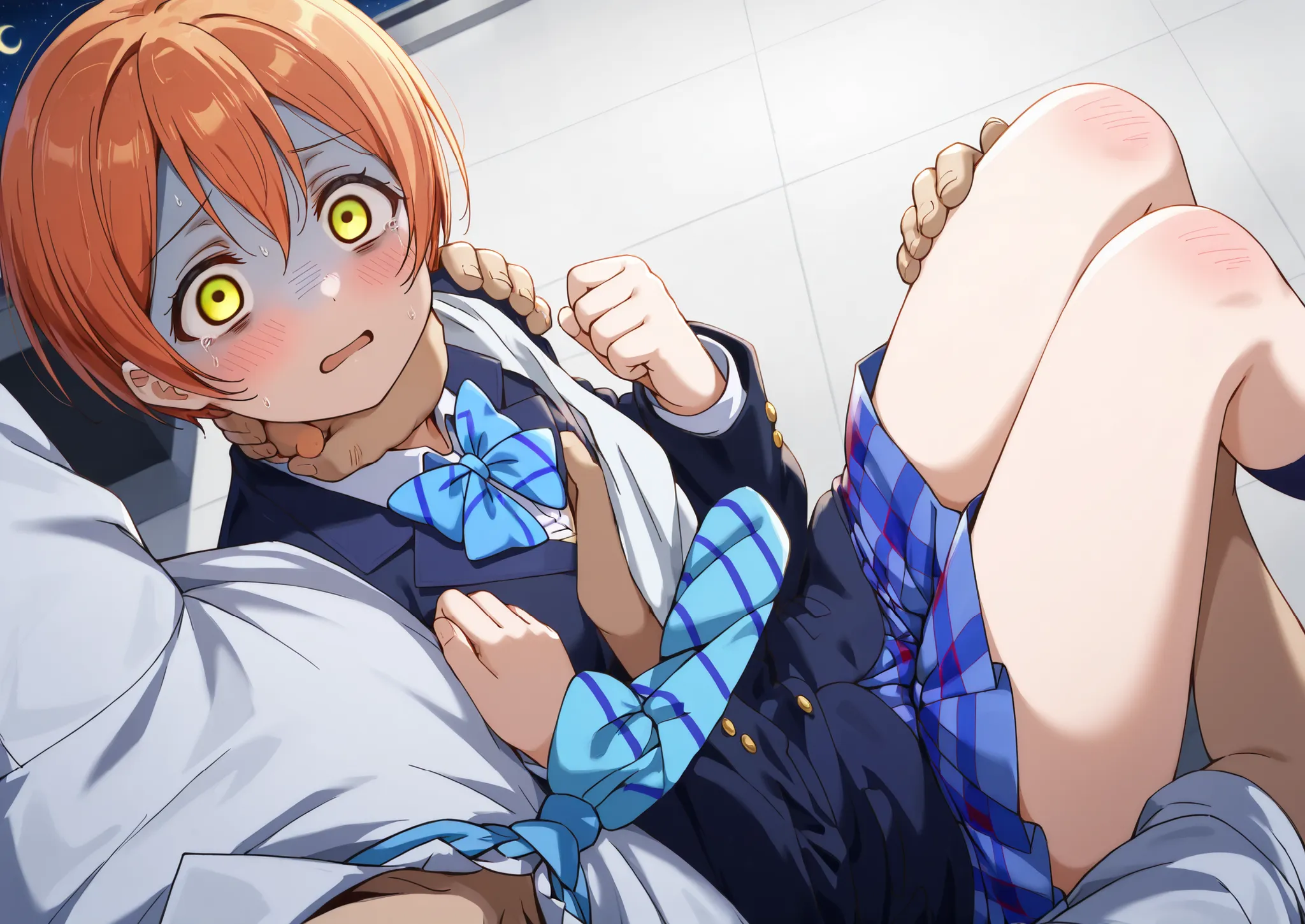 1girl, hoshizora rin, striped, short hair, blush, otonokizaka school uniform, lovelive_rin black blazer, blue plaid skirt, blue stripe bowtie, orange hair, very short hair, hair between eyes, yellow green eyes,knee up,crescent moon, stars (sky), blue face,...