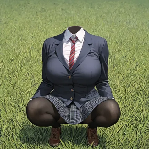 (invisible:1.5, no humans:1.5, headless:1.5, faceless:1.5), ( school casual blazer, plaid skirt, black stocking, on field, squatting:1.2), (big breast:1.6), (best quality, masterpiece:1.2), ((detailed cloth texture, detailed anime, super fine illustration)...