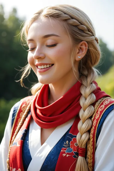 a beautiful girl with very blond blond braided hair in a red scarf in Belarusian folk clothes with her eyes closed is joyful and cheerful