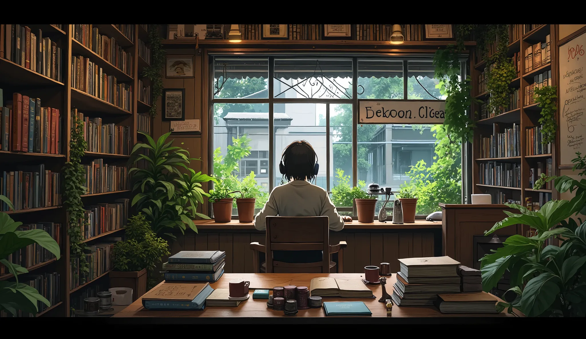 Modern Anime Style. Anime-style view of a cafe filled with books and plants, focus on one character studying with headphones, warm tone
