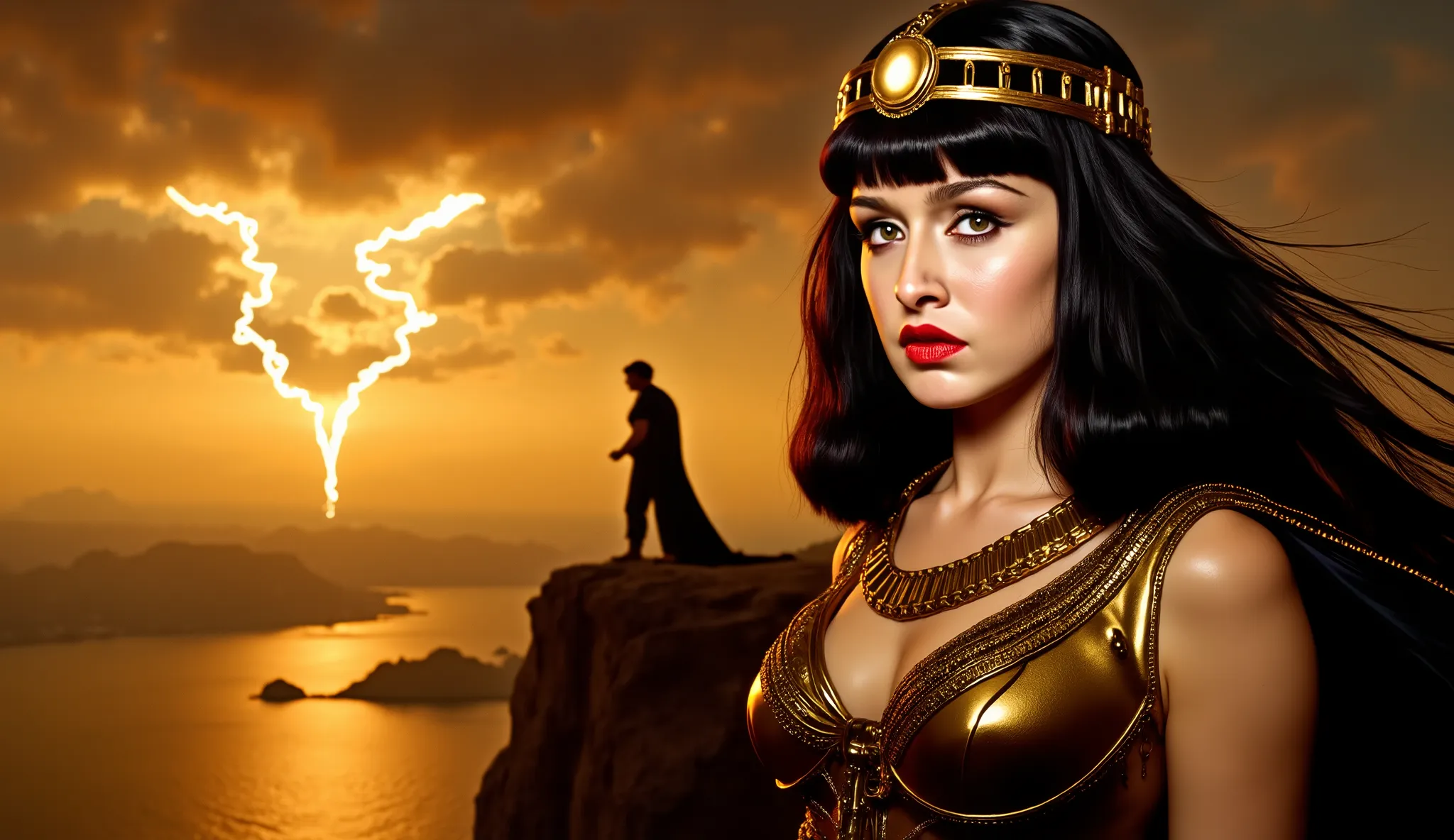 1950s,Cleopatra standing at the edge of a cliff overlooking the Nile at twilight, her silhouette framed by a stormy sky shaped like broken chains — wind pulling her royal cape behind her like wings of freedom