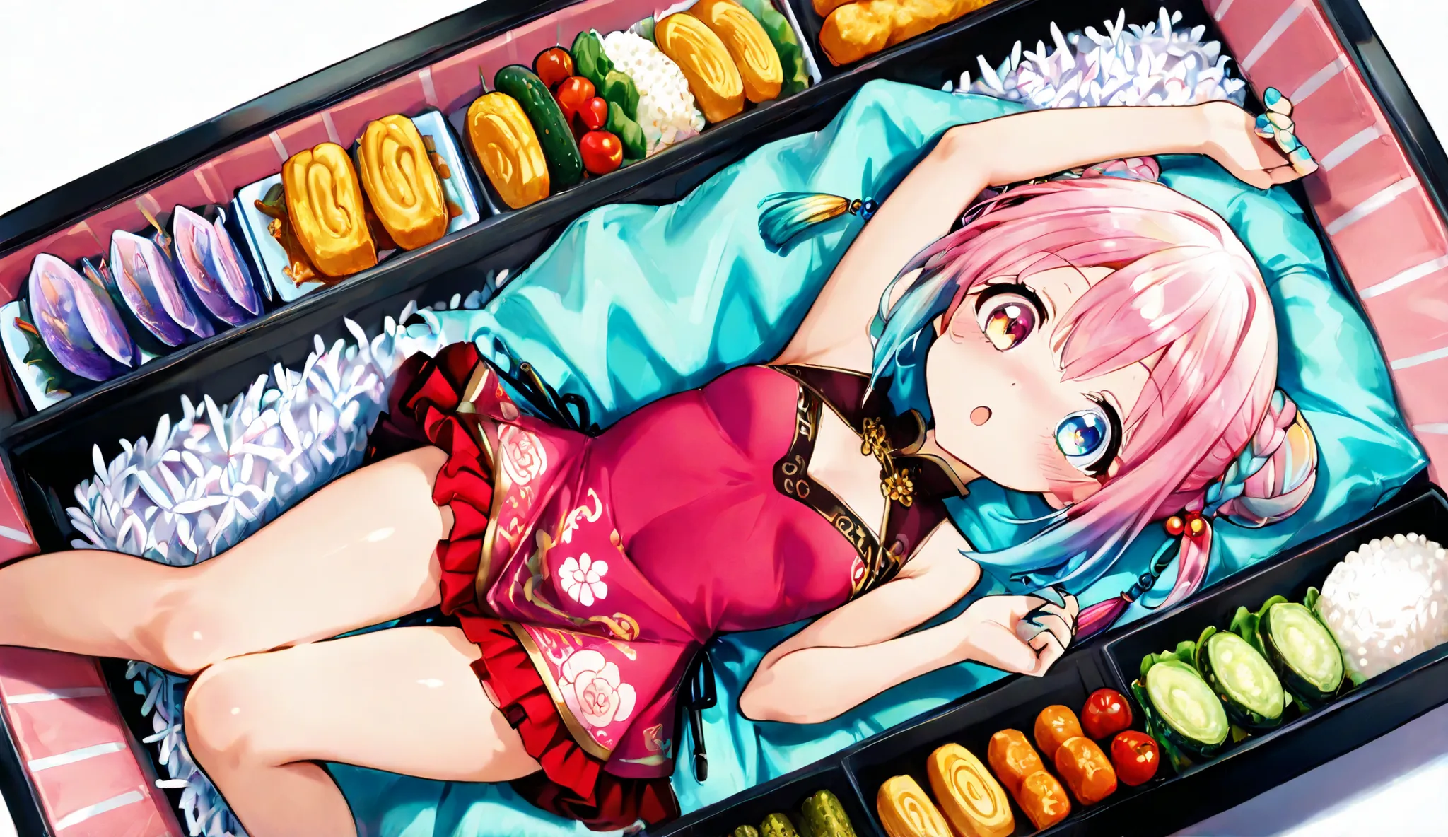 A cute anime girl with long pastel pink to aqua gradient hair, styled in twin buns with colorful tassel ornaments, lying playfully on her back inside a bento box. She has large, expressive heterochromatic eyes (purple and blue), a slight blush, and a surpr...