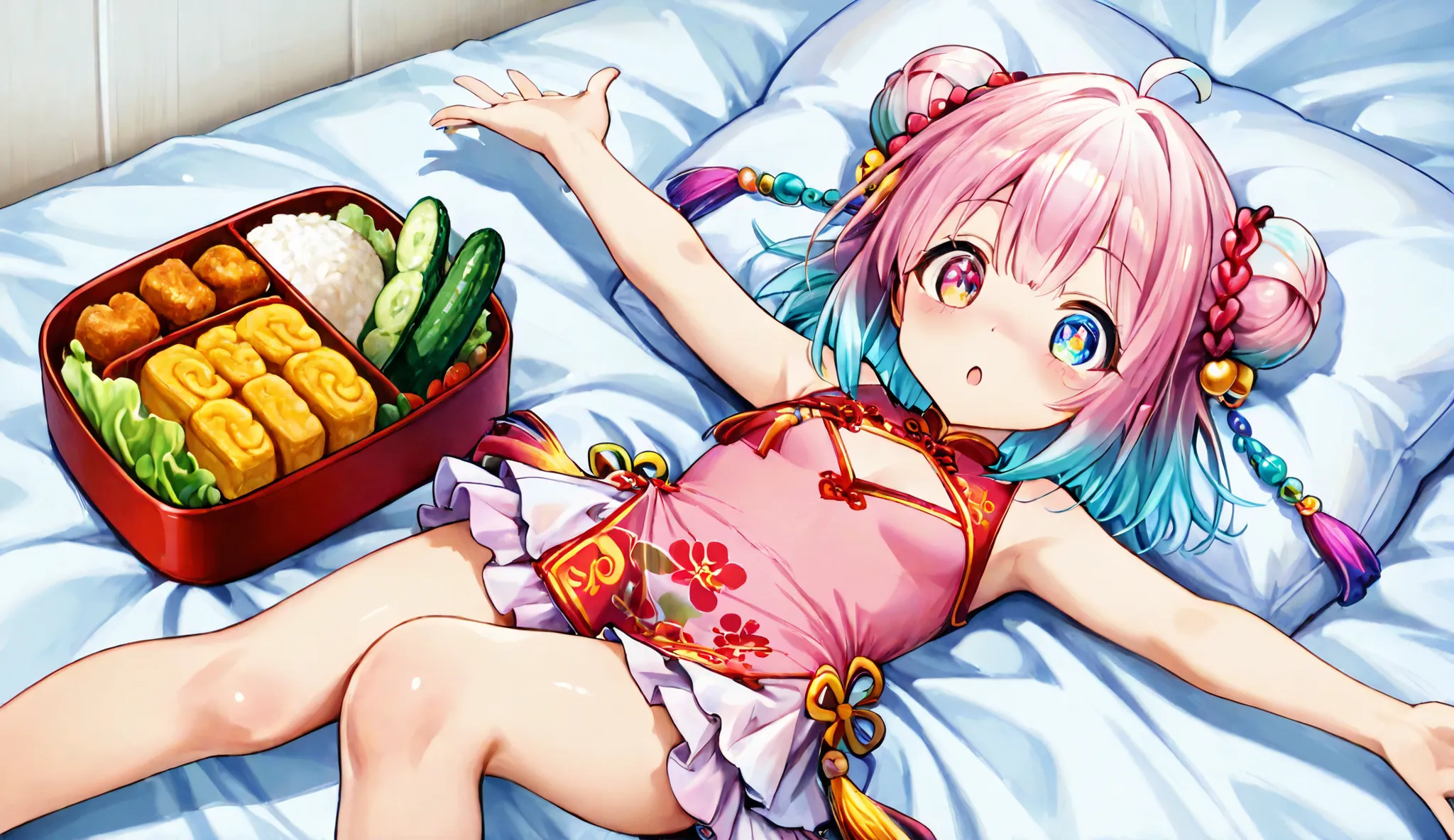 A cute anime girl with long pastel pink to aqua gradient hair, styled in twin buns with colorful tassel ornaments, lying playfully on her back inside a bento box. She has large, expressive heterochromatic eyes (purple and blue), a slight blush, and a surpr...